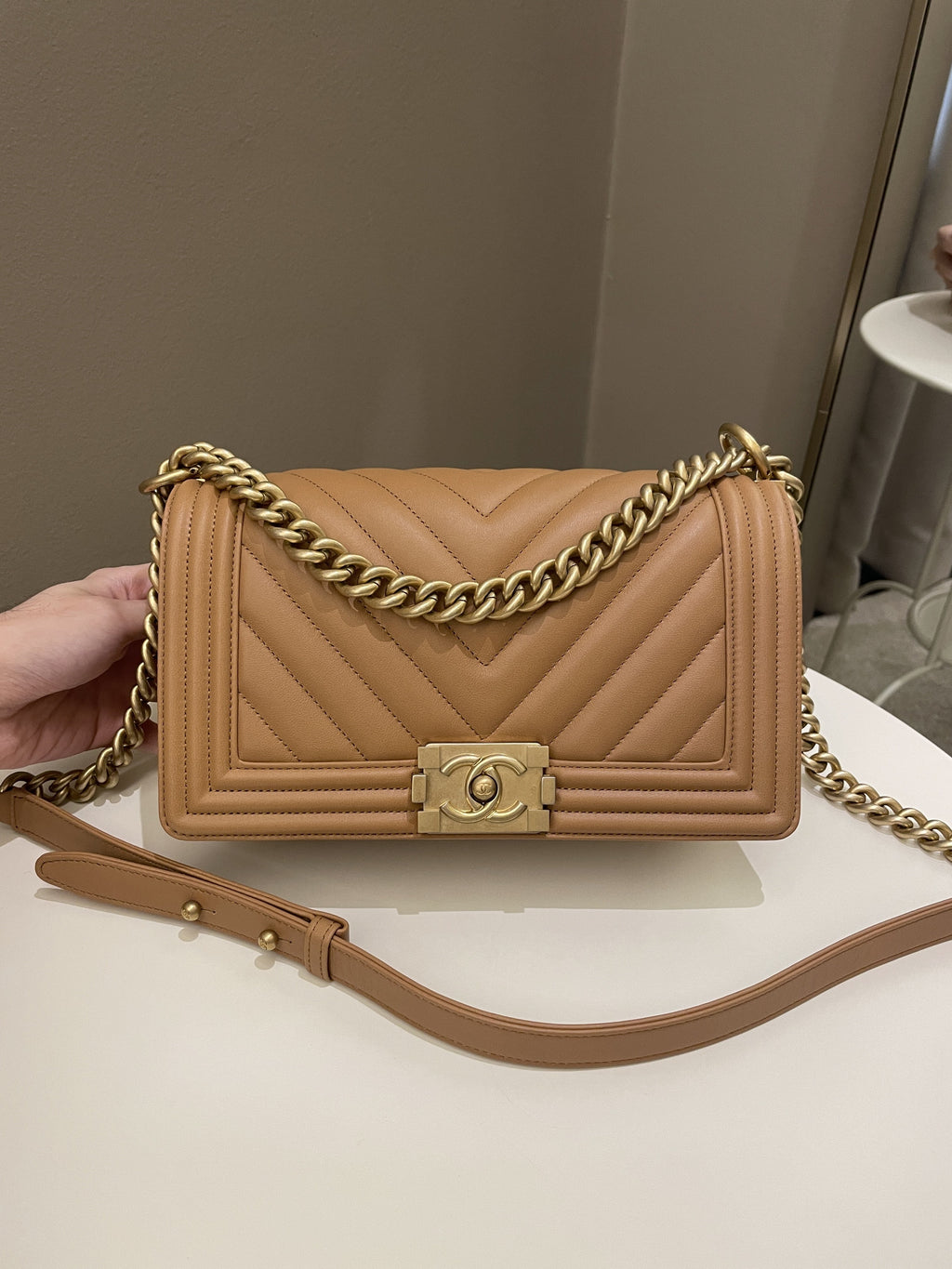 Chanel Chervon Boy Old Medium Tan Beige Calfskin