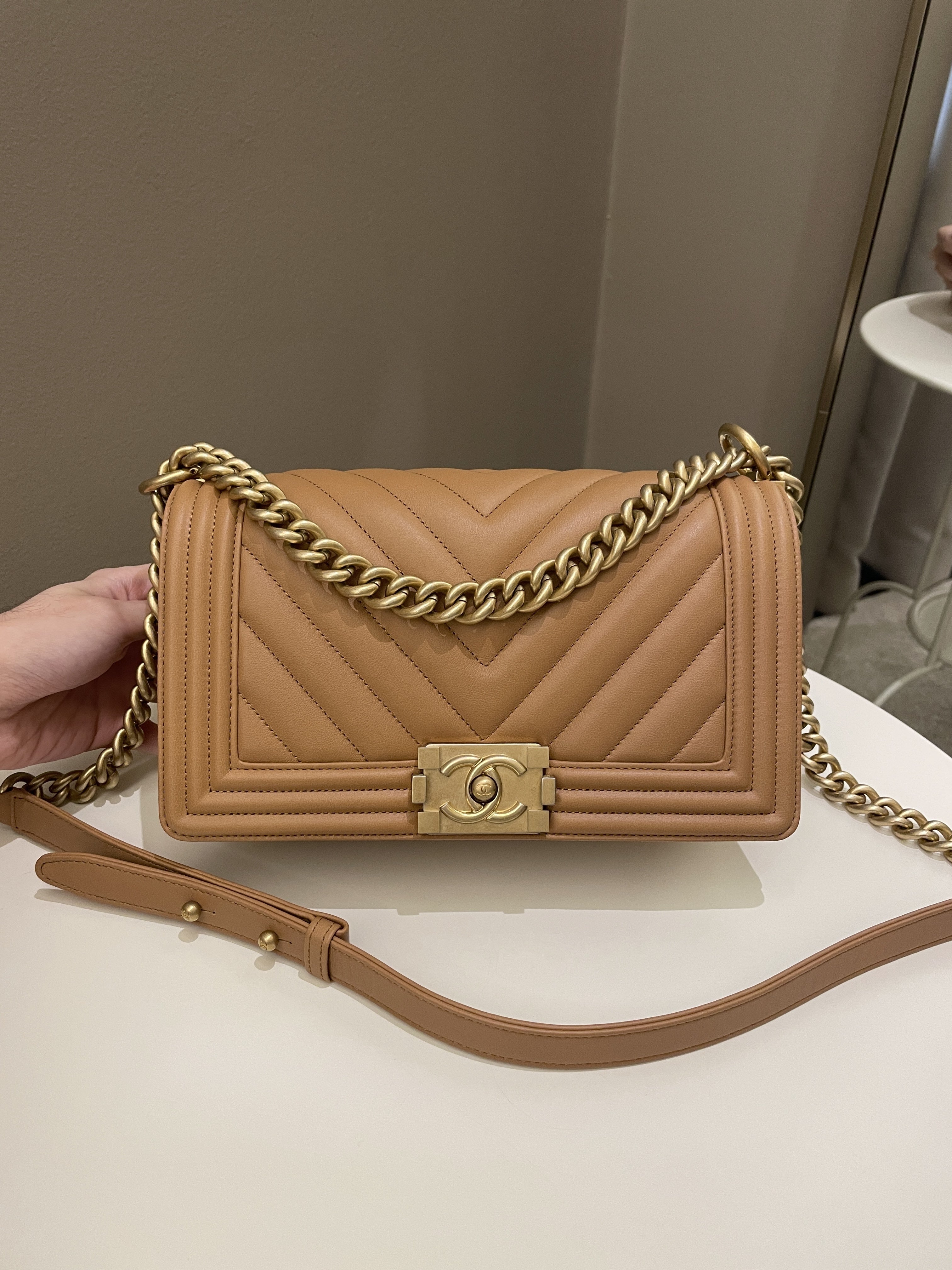 Chanel Chervon Boy Old Medium Tan Beige Calfskin