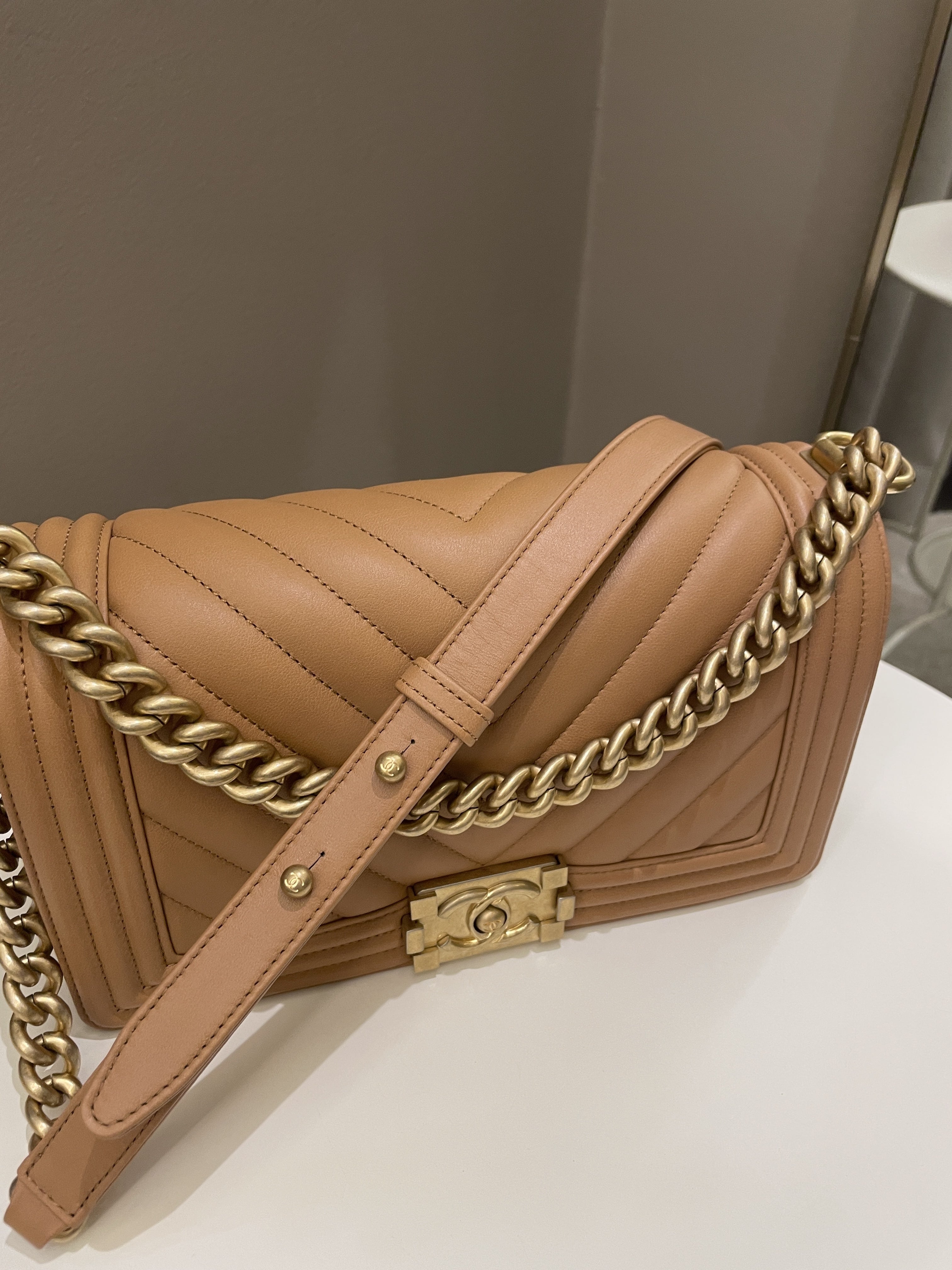 Chanel Chervon Boy Old Medium Tan Beige Calfskin