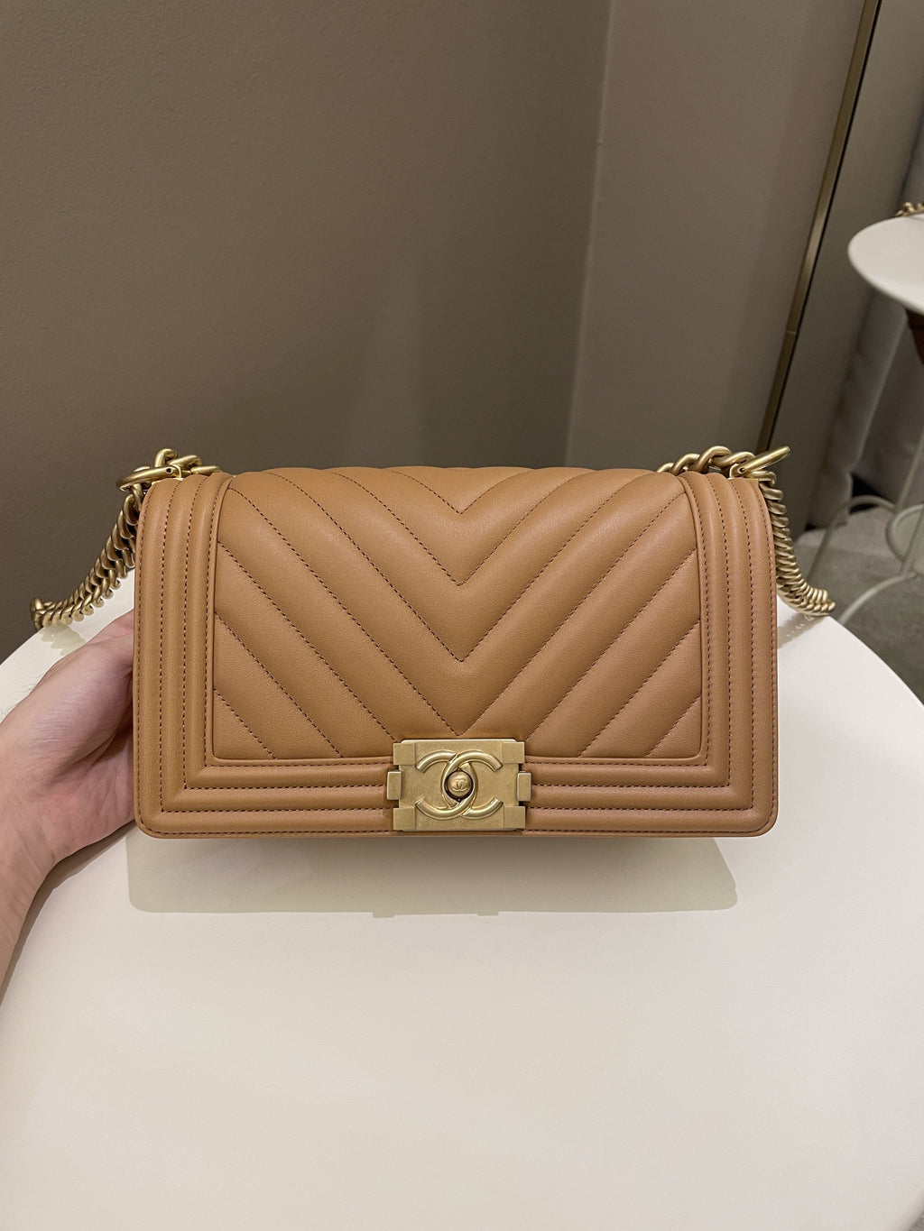 Chanel Chervon Boy Old Medium Tan Beige Calfskin