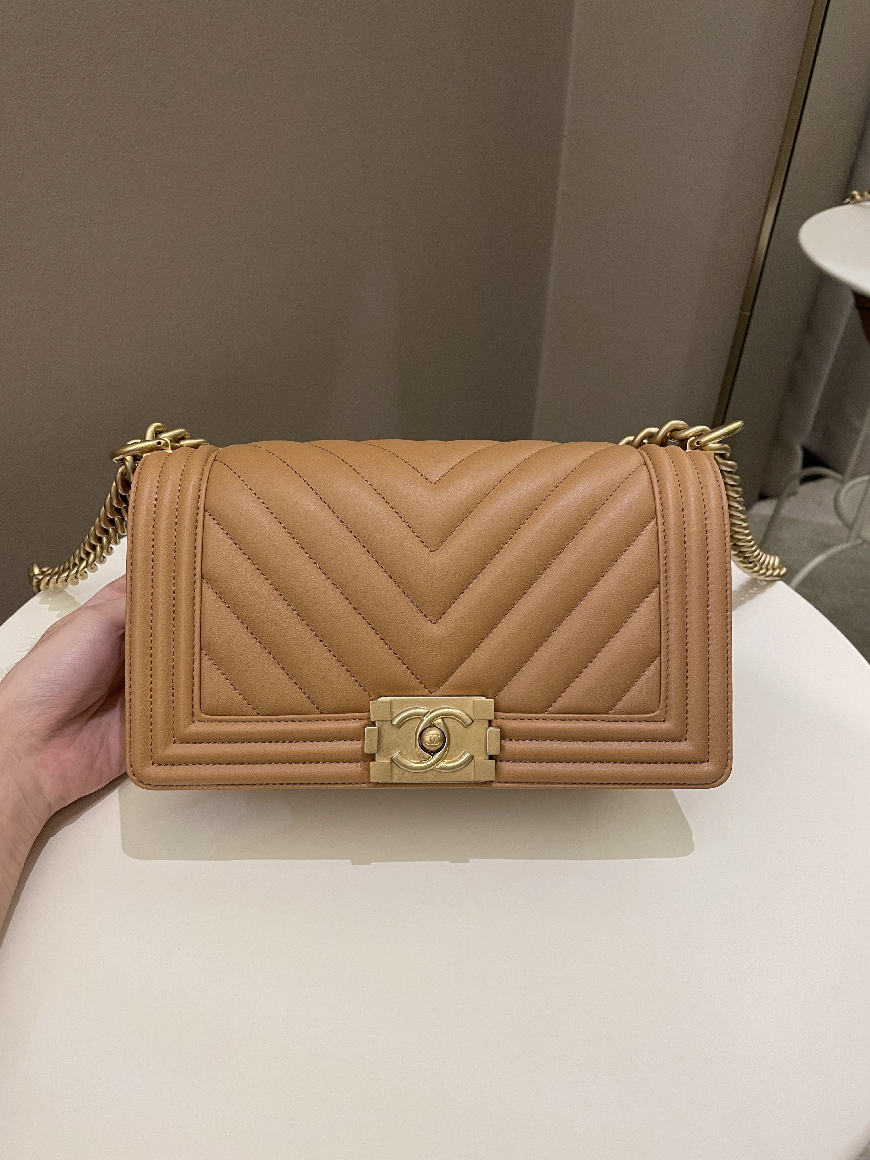 Chanel Chervon Boy Old Medium Tan Beige Calfskin