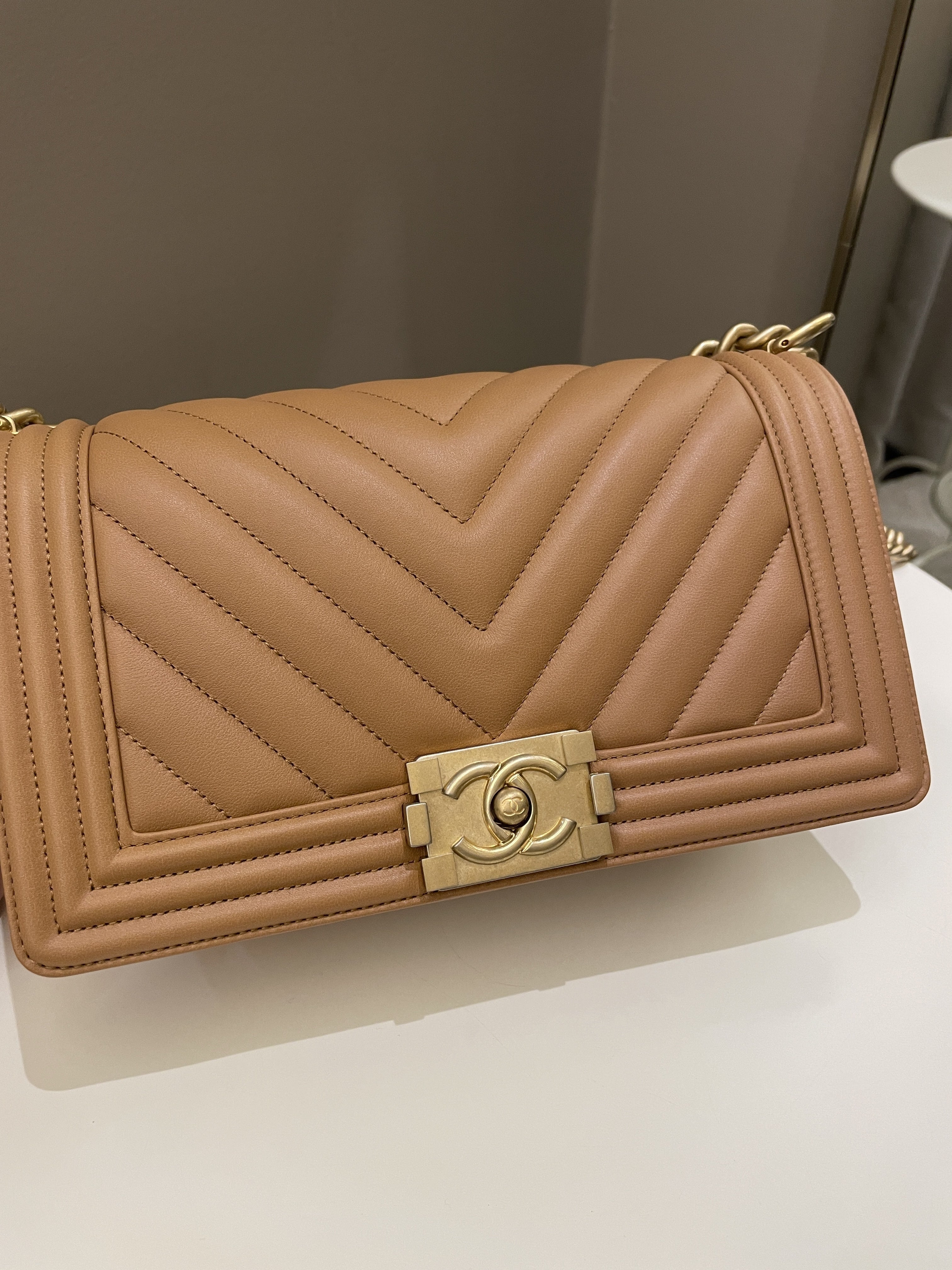 Chanel Chervon Boy Old Medium Tan Beige Calfskin