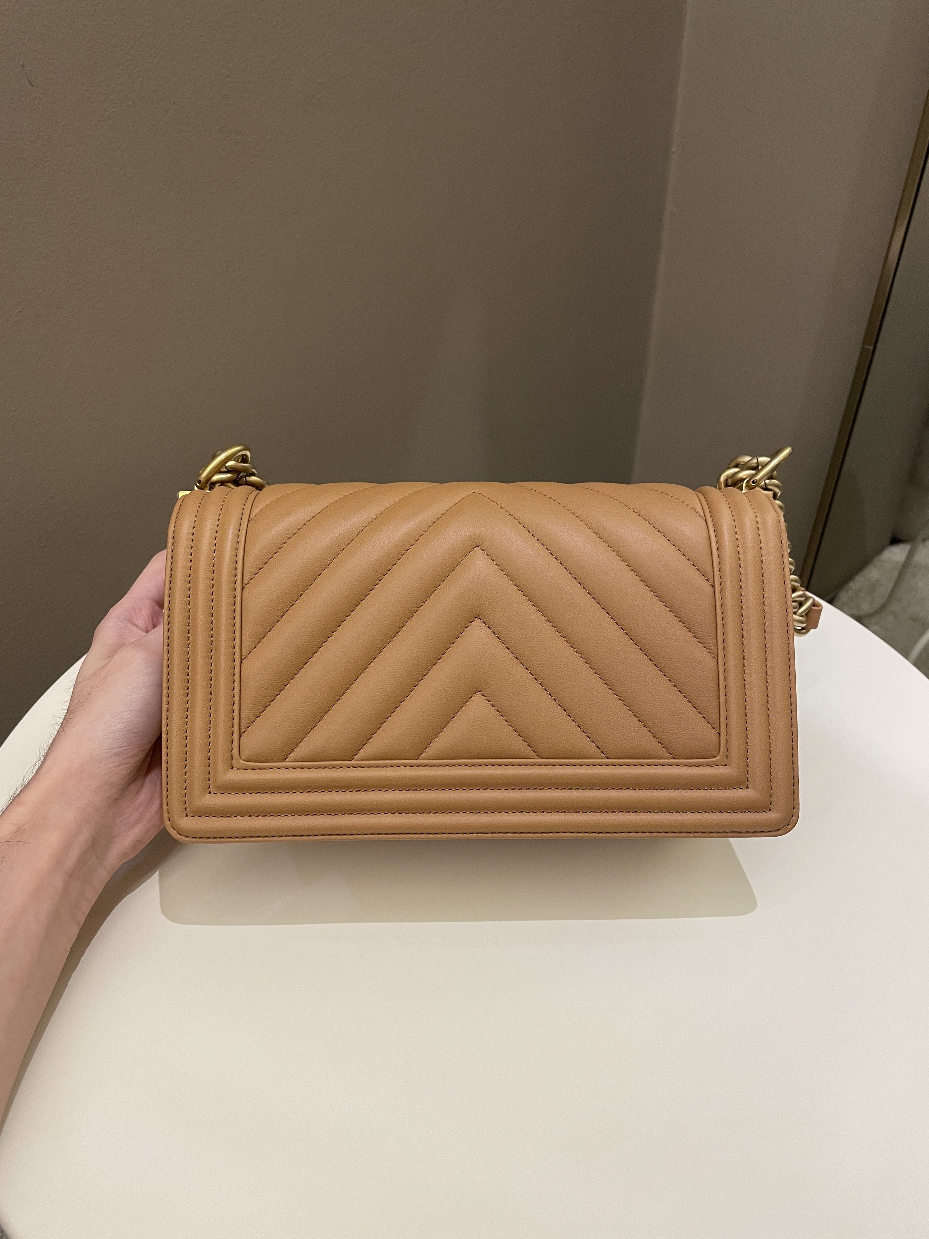 Chanel Chervon Boy Old Medium Tan Beige Calfskin