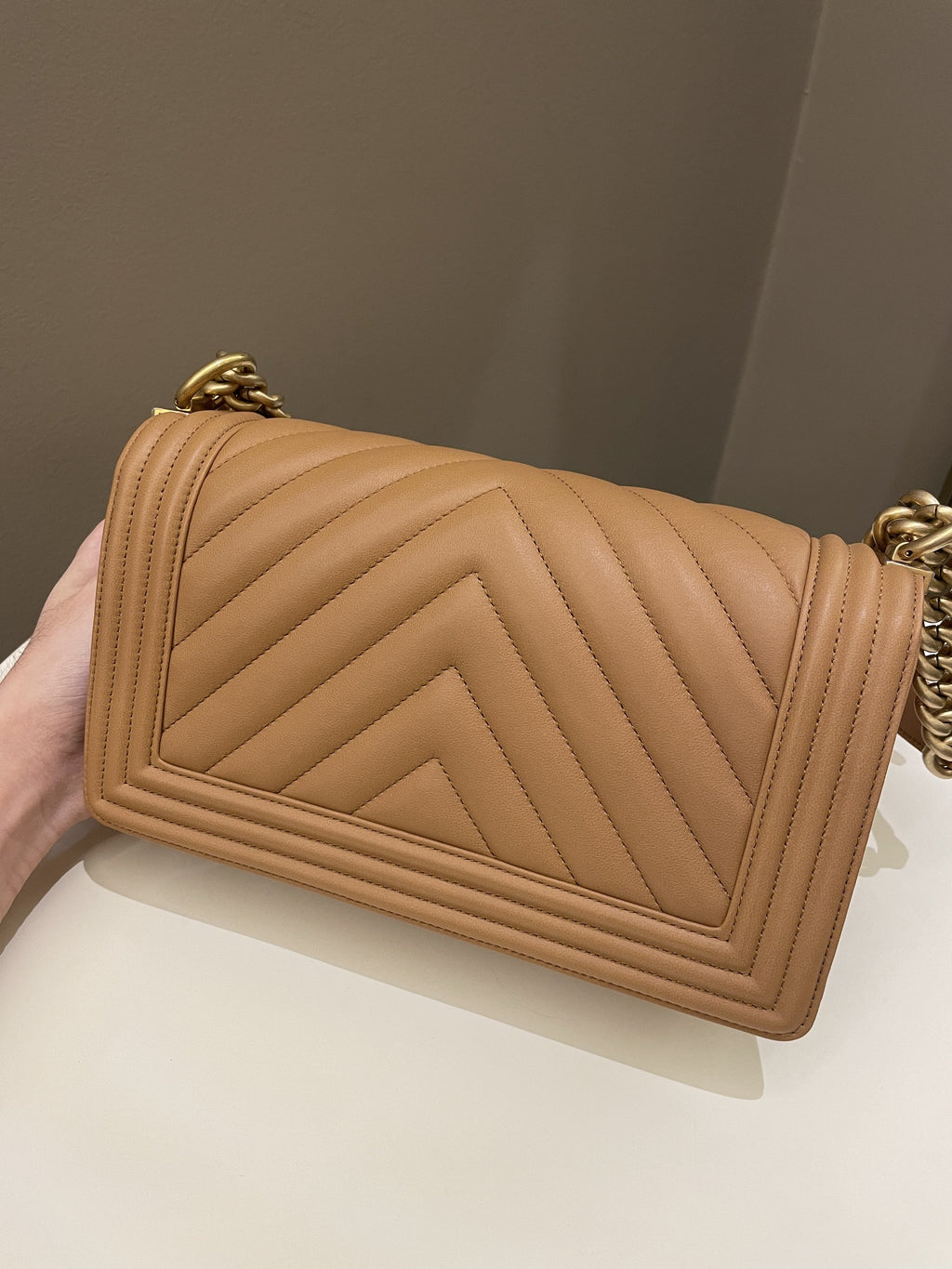 Chanel Chervon Boy Old Medium Tan Beige Calfskin
