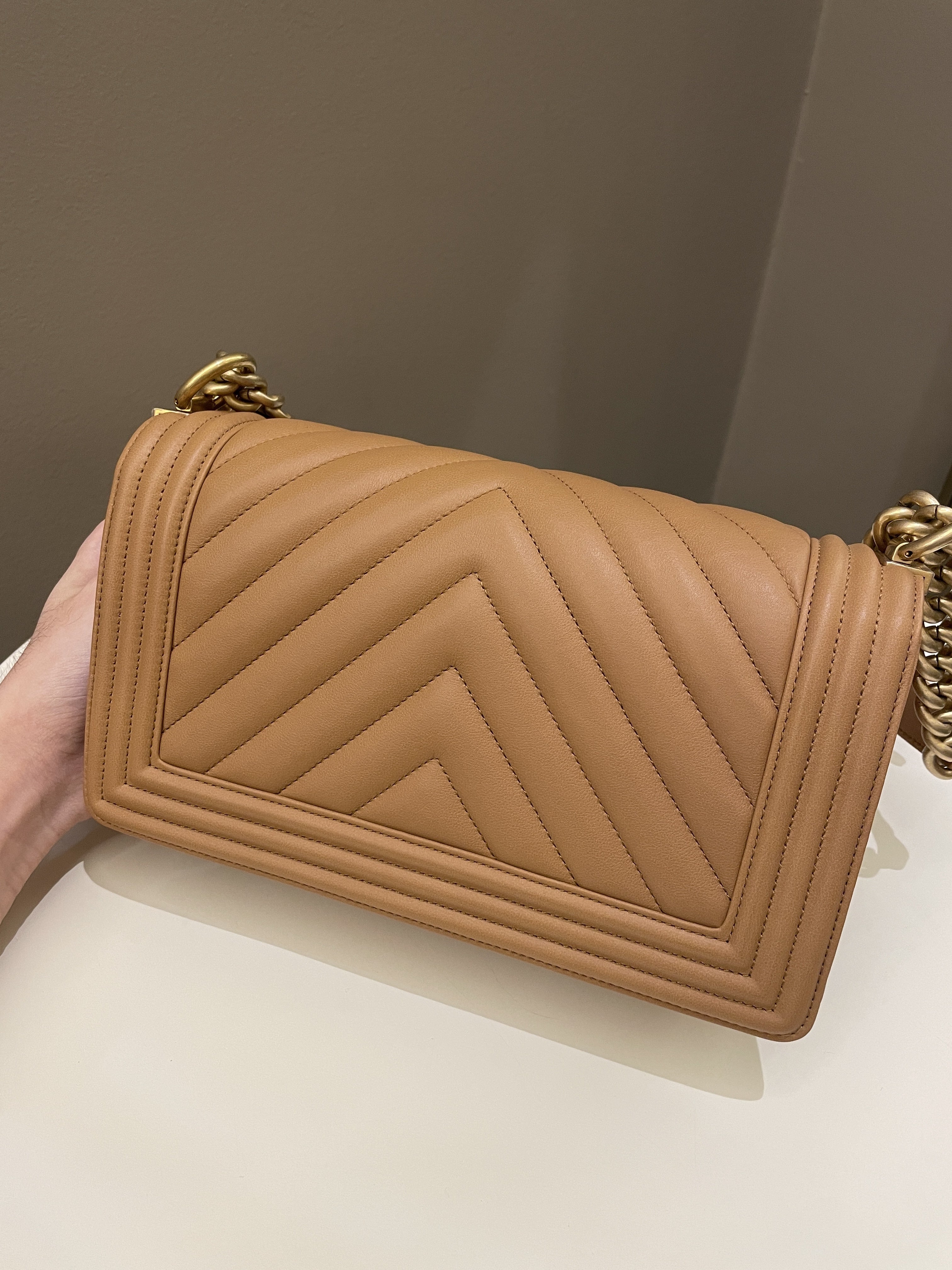 Chanel Chervon Boy Old Medium Tan Beige Calfskin