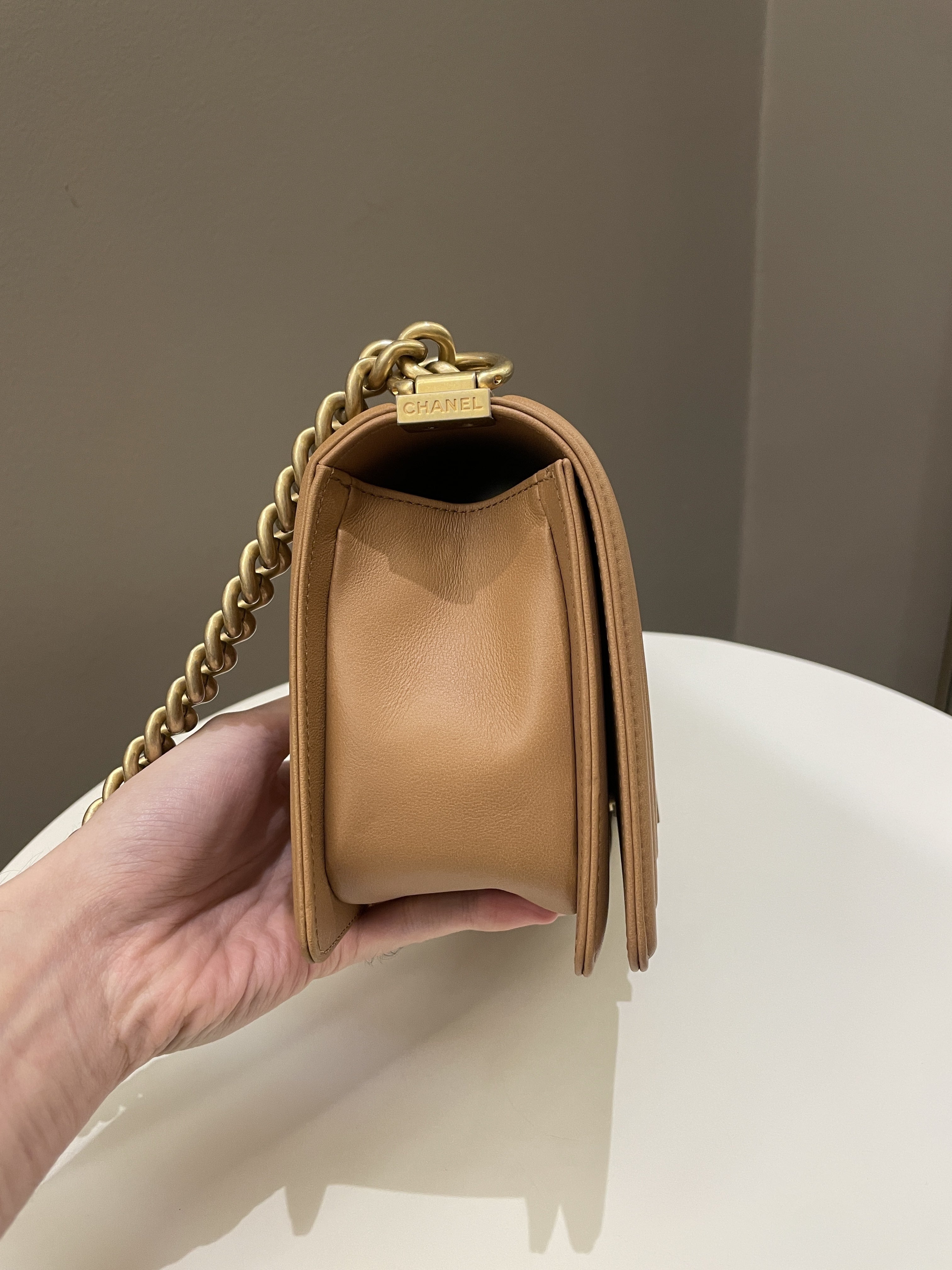 Chanel Chervon Boy Old Medium Tan Beige Calfskin