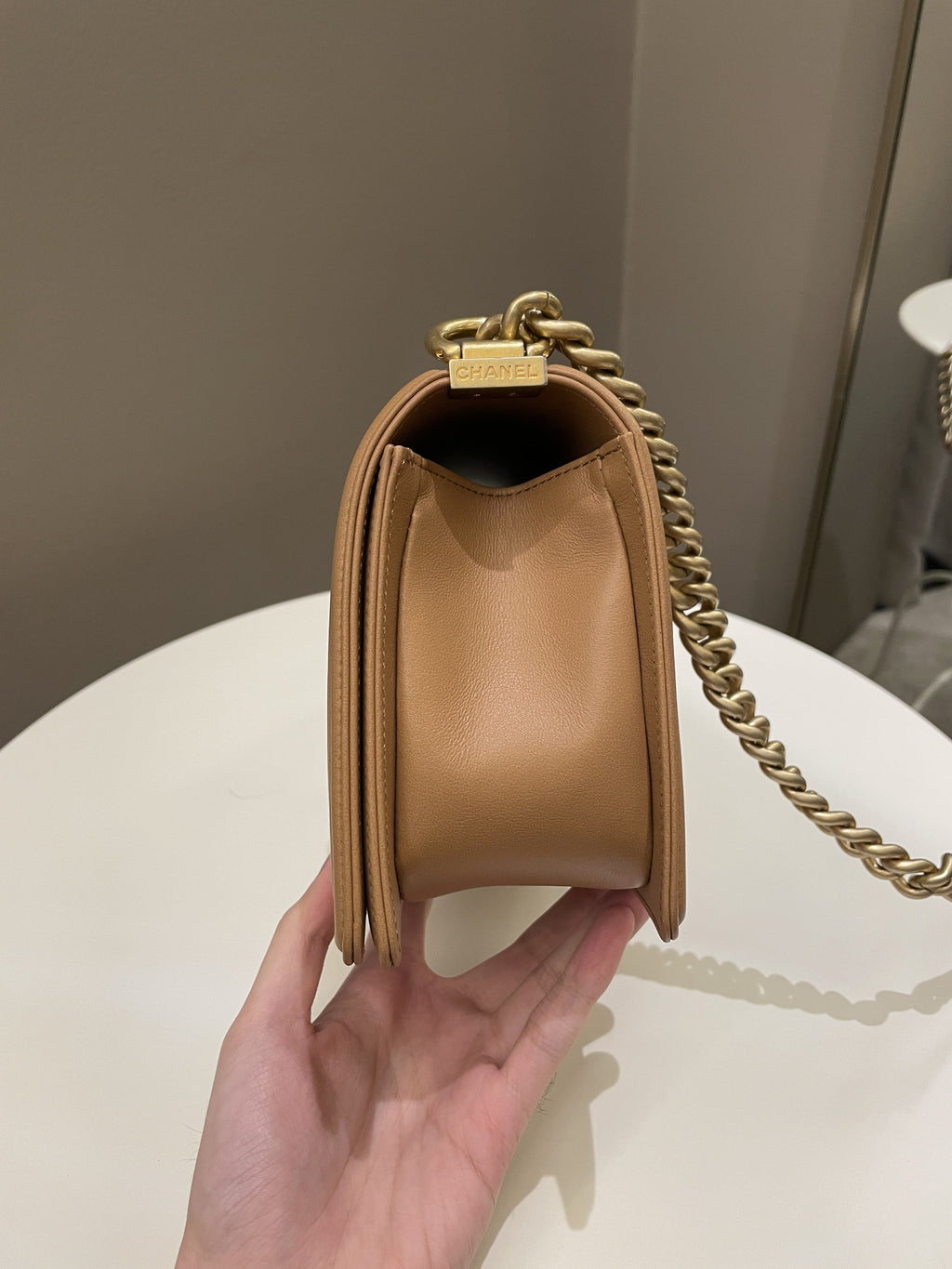 Chanel Chervon Boy Old Medium Tan Beige Calfskin