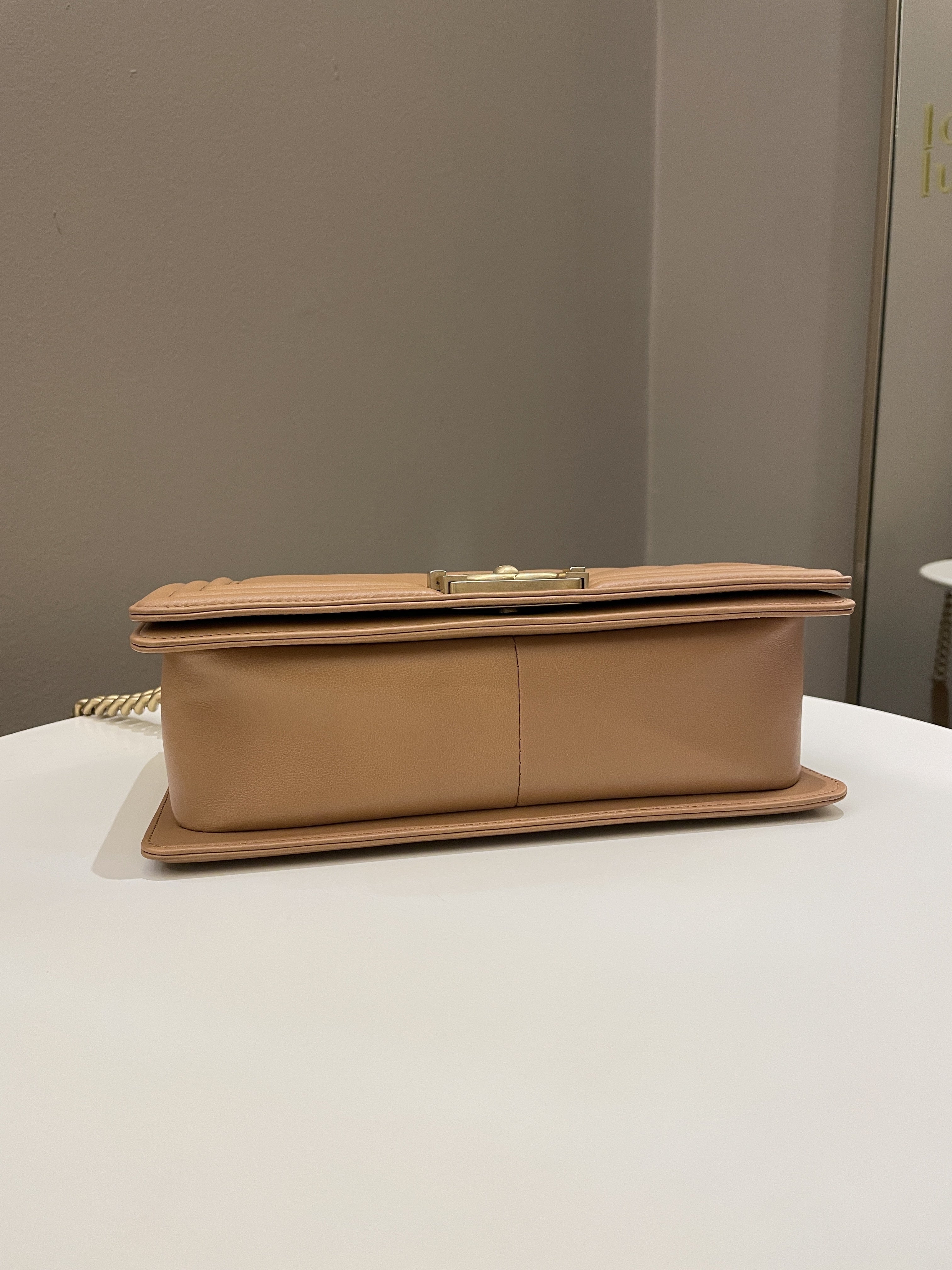 Chanel Chervon Boy Old Medium Tan Beige Calfskin