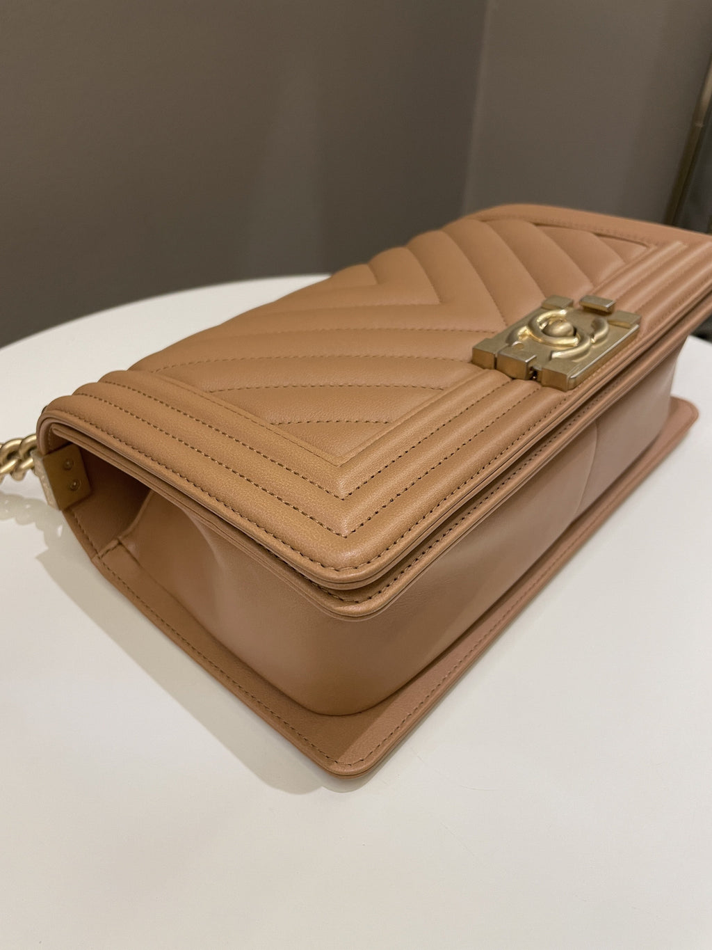 Chanel Chervon Boy Old Medium Tan Beige Calfskin