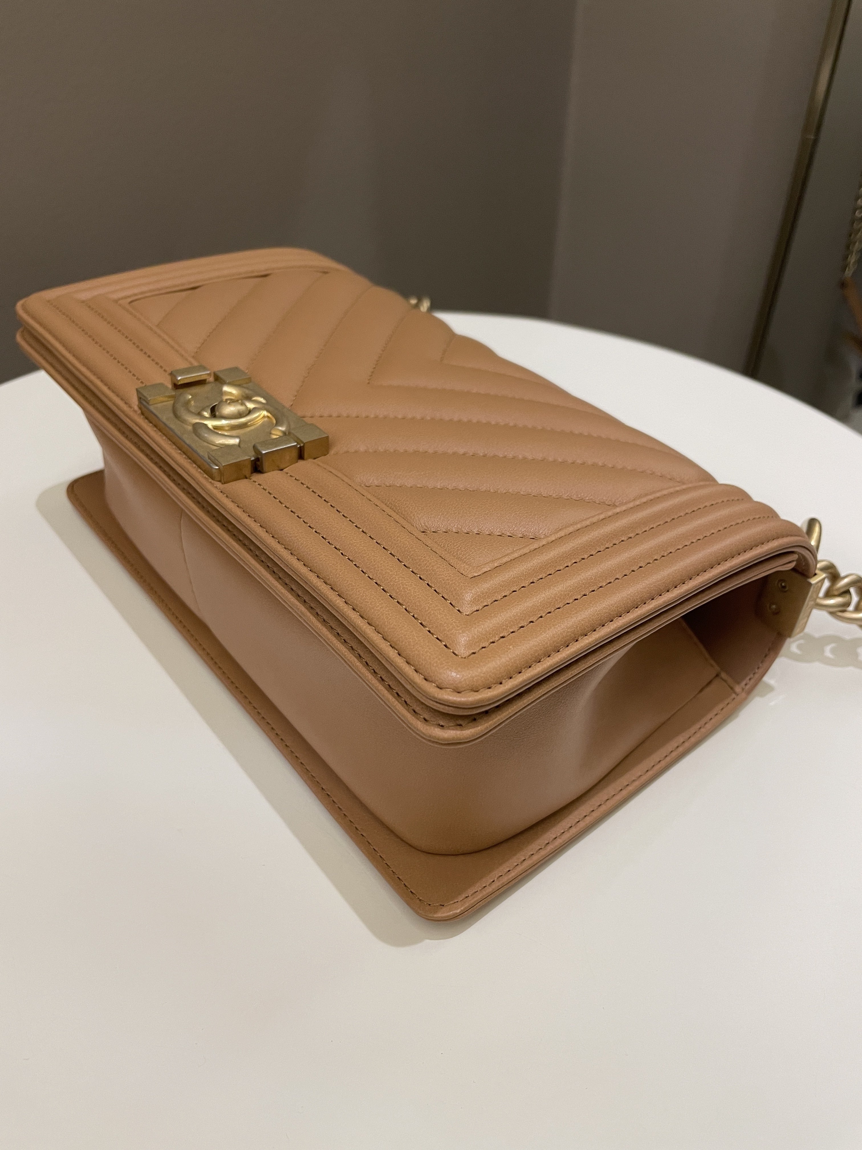 Chanel Chervon Boy Old Medium Tan Beige Calfskin