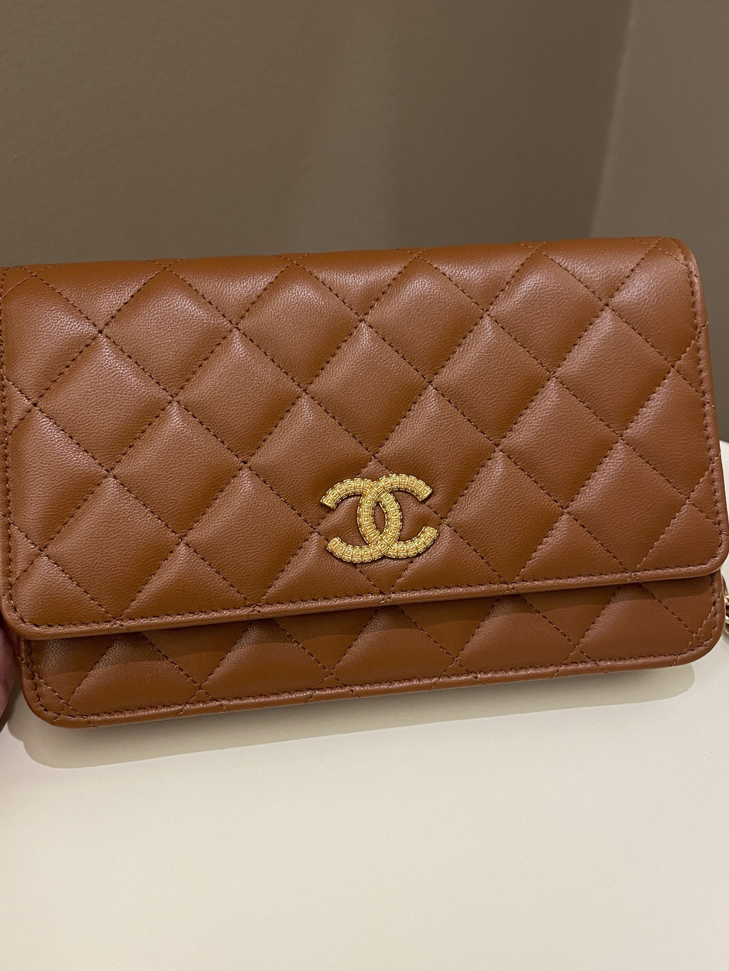 Chanel 23A Cc Quilted Wallet on Chain Tan Brown Stiff Lambskin