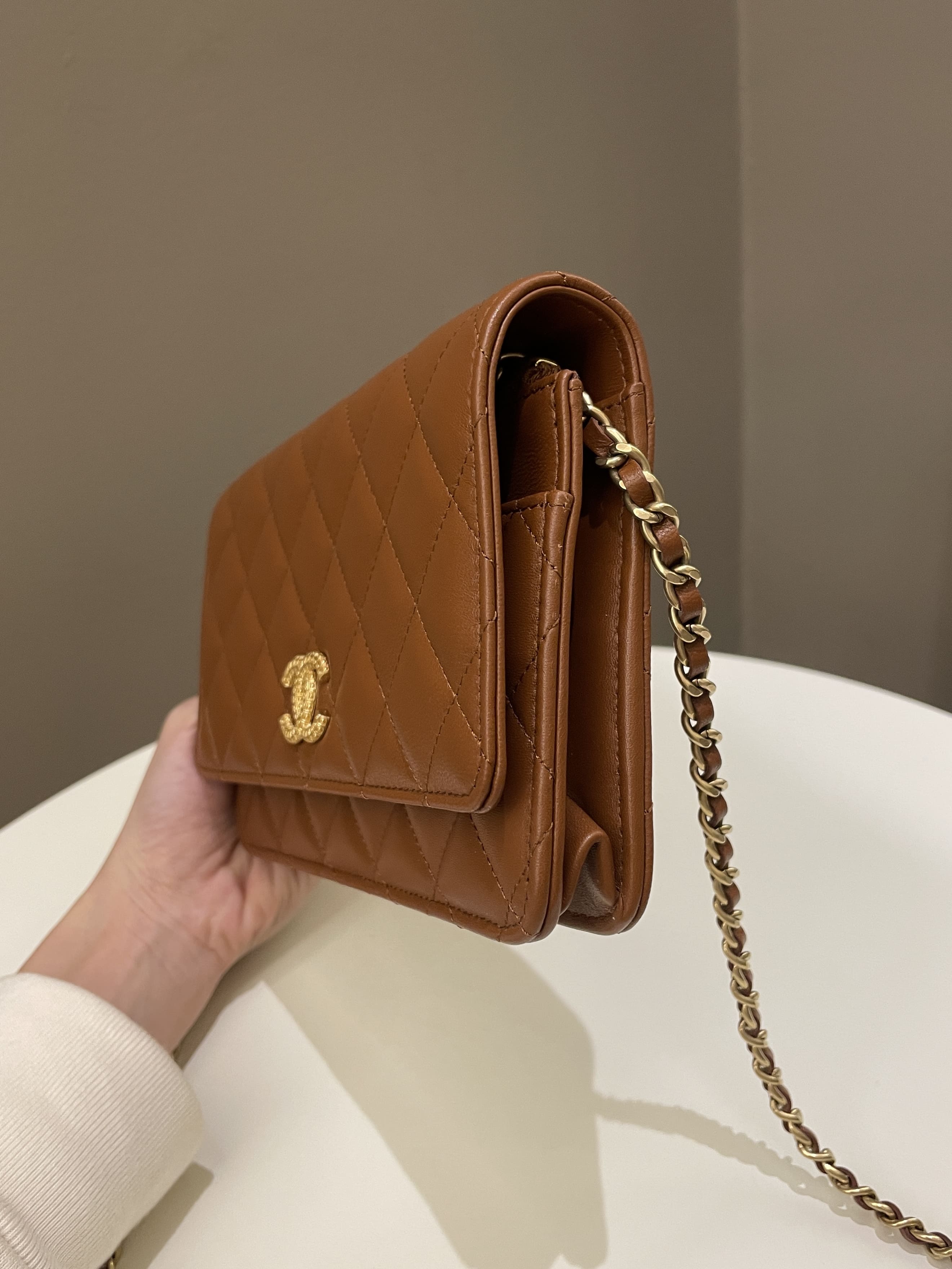 Chanel 23A Cc Quilted Wallet on Chain Tan Brown Stiff Lambskin