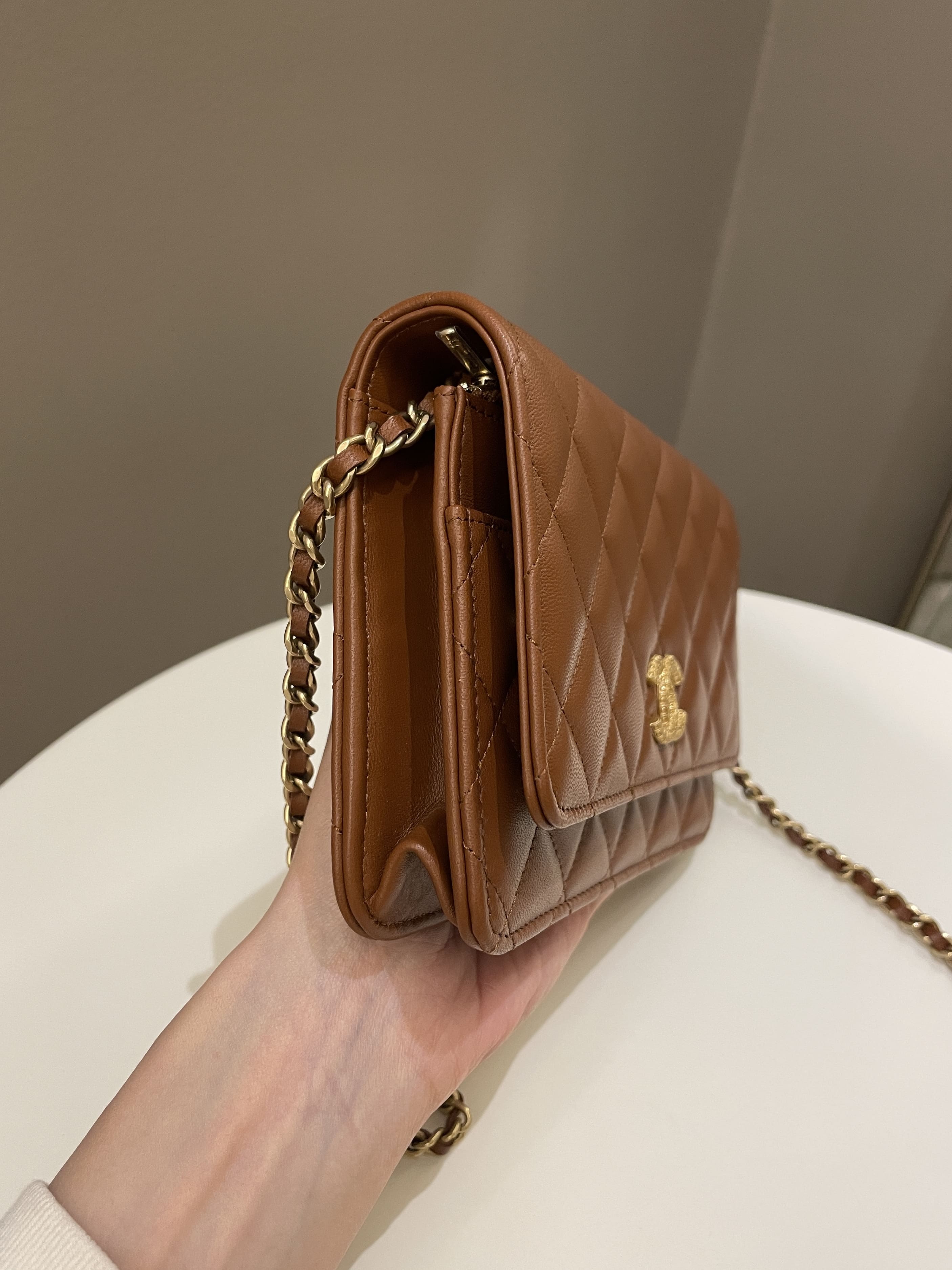 Chanel 23A Cc Quilted Wallet on Chain Tan Brown Stiff Lambskin