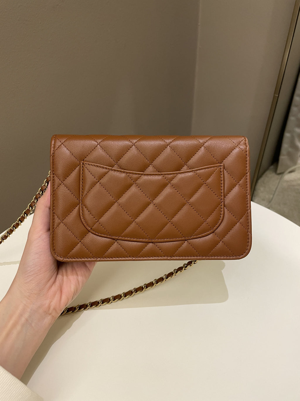 Chanel 23A Cc Quilted Wallet on Chain Tan Brown Stiff Lambskin