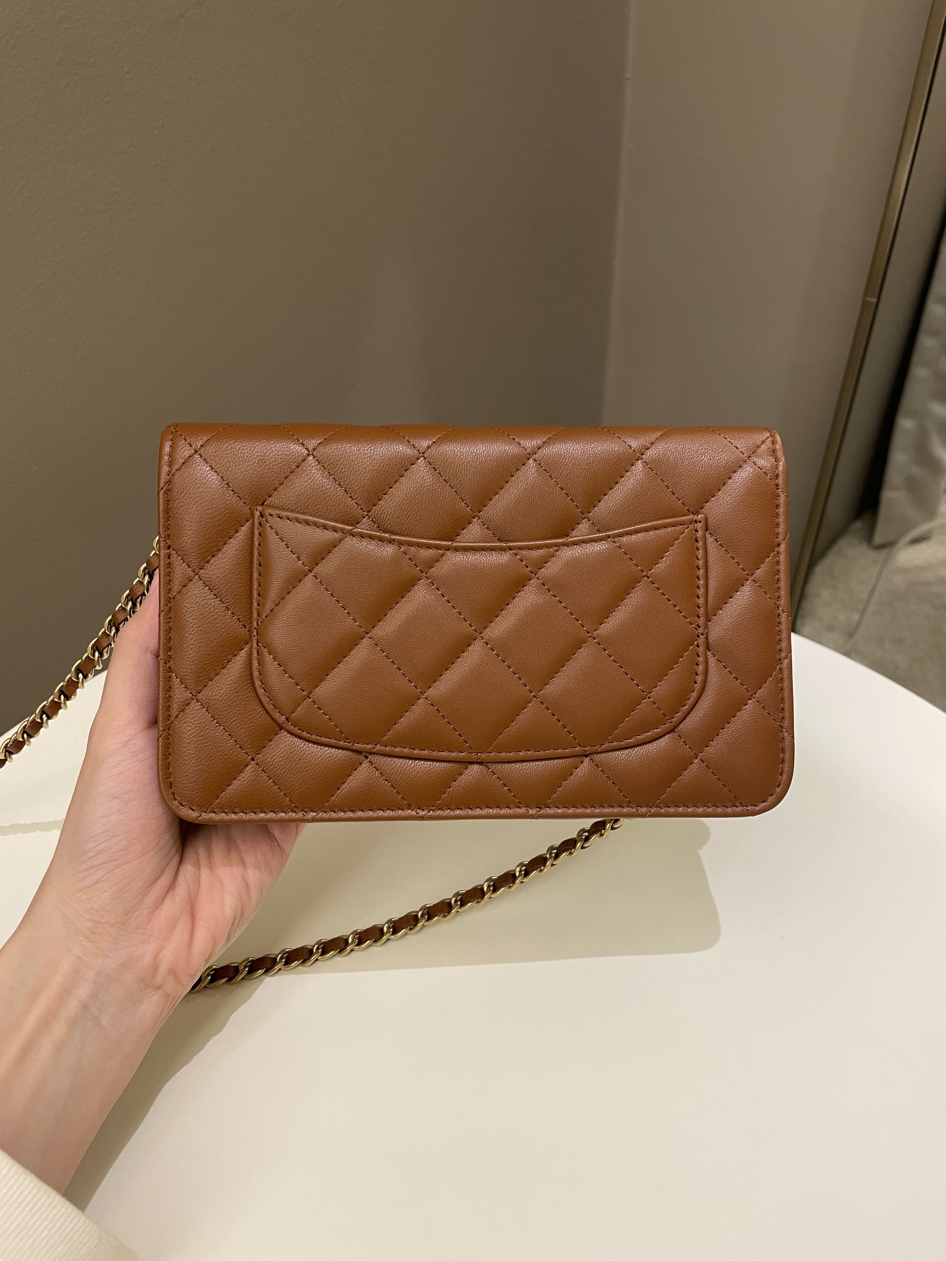 Chanel 23A Cc Quilted Wallet on Chain Tan Brown Stiff Lambskin