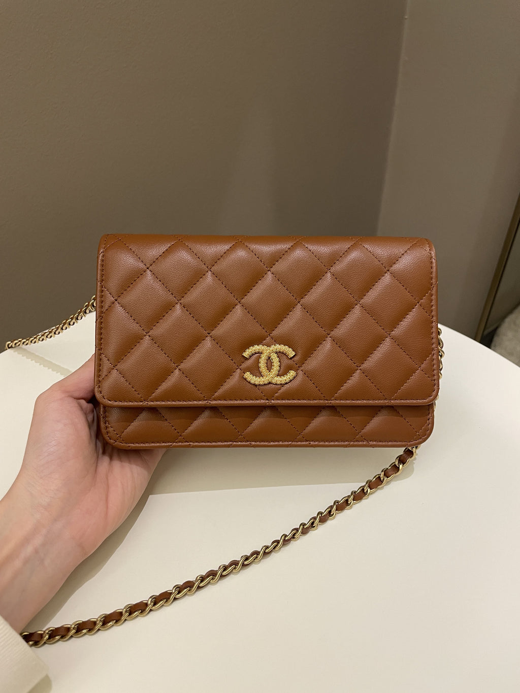 Chanel 23A Cc Quilted Wallet on Chain Tan Brown Stiff Lambskin