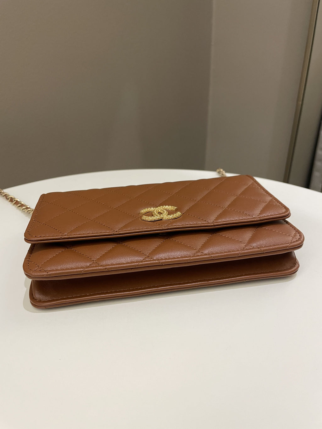 Chanel 23A Cc Quilted Wallet on Chain Tan Brown Stiff Lambskin