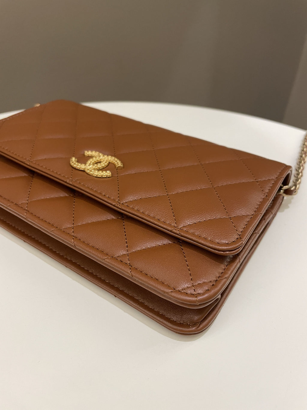 Chanel 23A Cc Quilted Wallet on Chain Tan Brown Stiff Lambskin