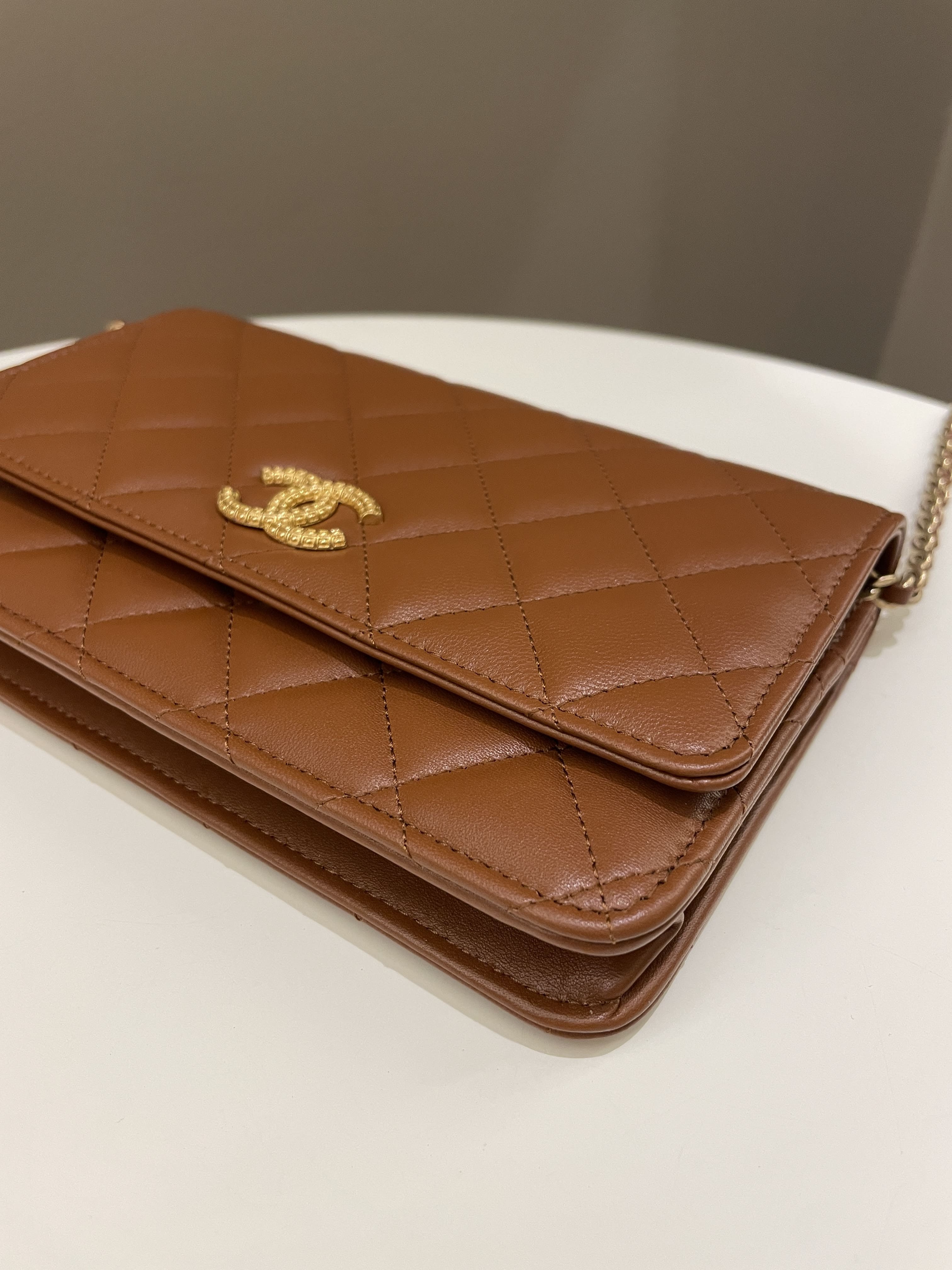 Chanel 23A Cc Quilted Wallet on Chain Tan Brown Stiff Lambskin