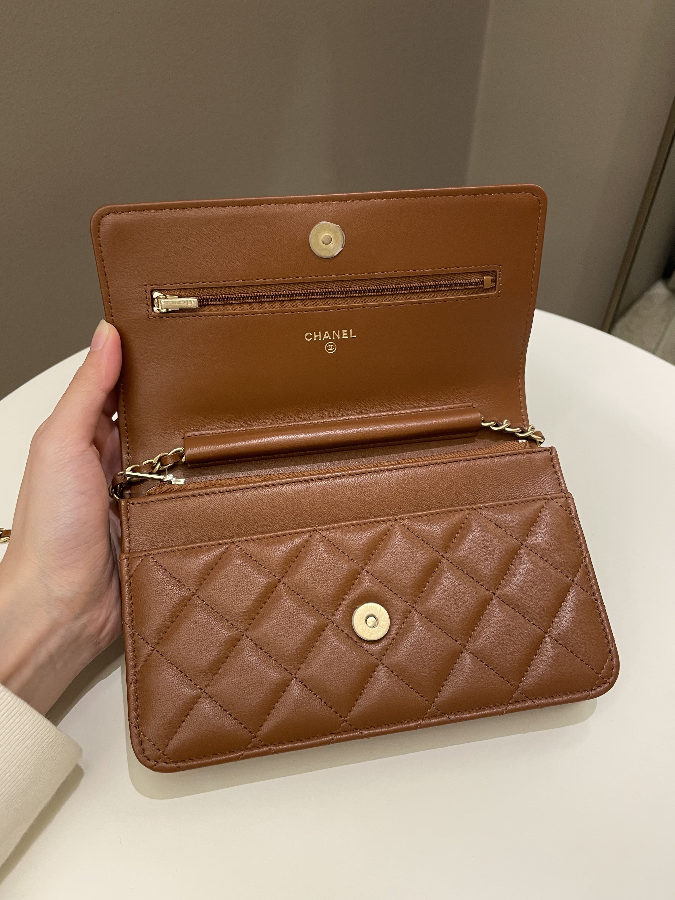 Chanel 23A Cc Quilted Wallet on Chain Tan Brown Stiff Lambskin