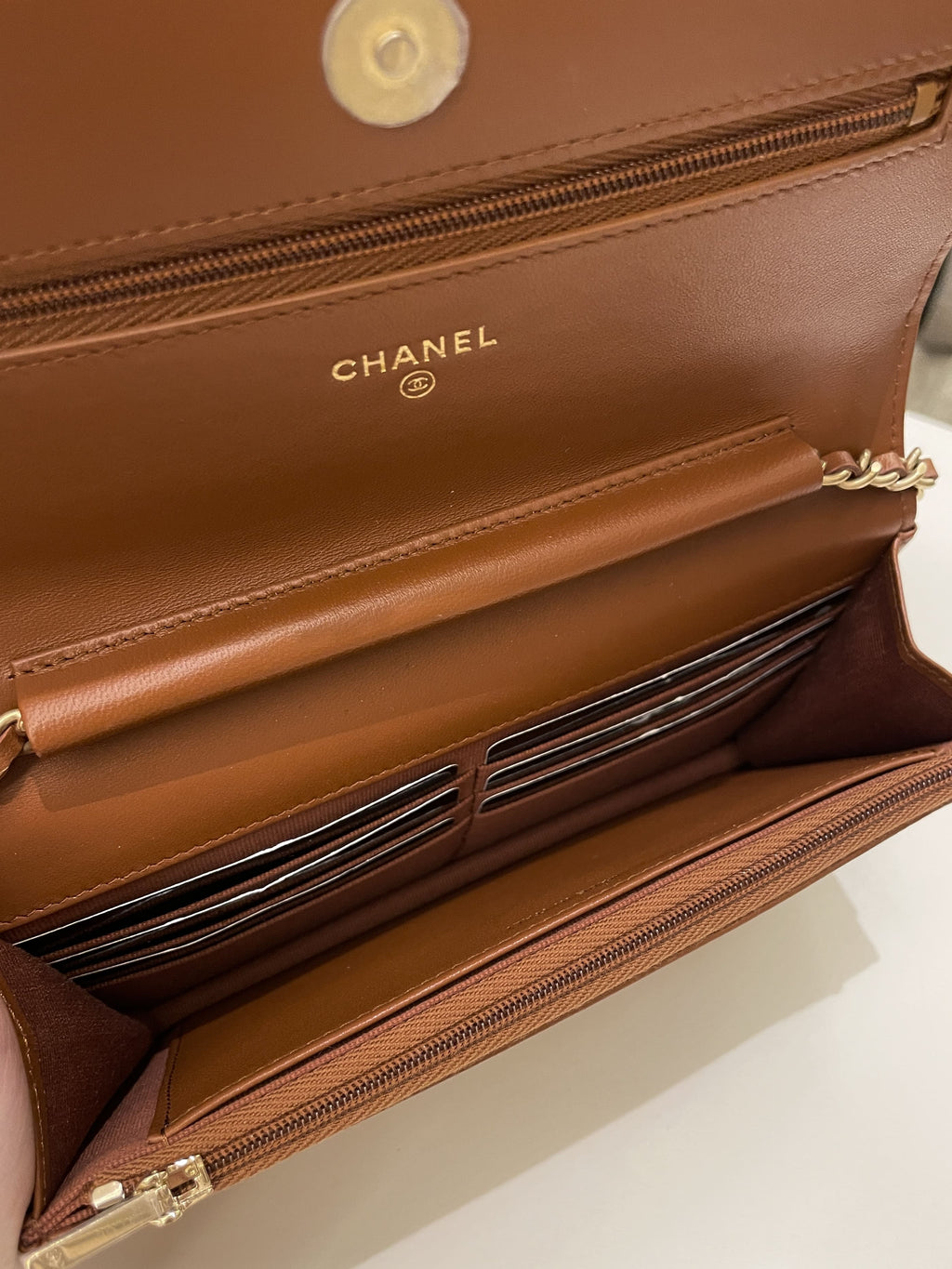 Chanel 23A Cc Quilted Wallet on Chain Tan Brown Stiff Lambskin