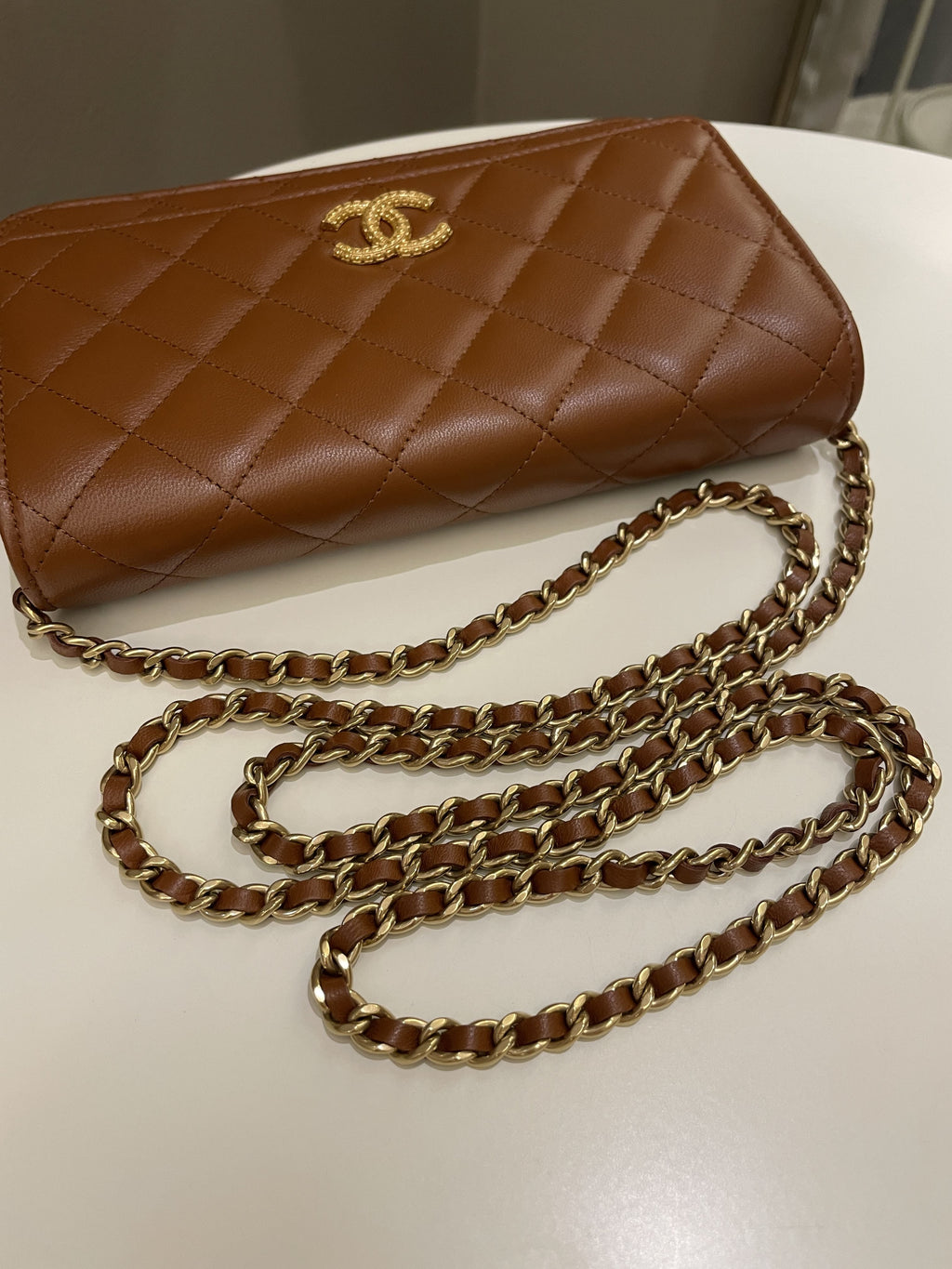 Chanel 23A Cc Quilted Wallet on Chain Tan Brown Stiff Lambskin