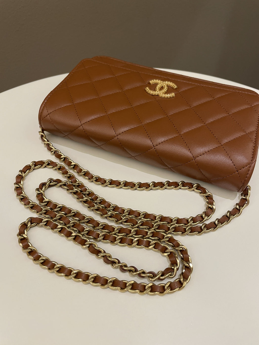 Chanel 23A Cc Quilted Wallet on Chain Tan Brown Stiff Lambskin