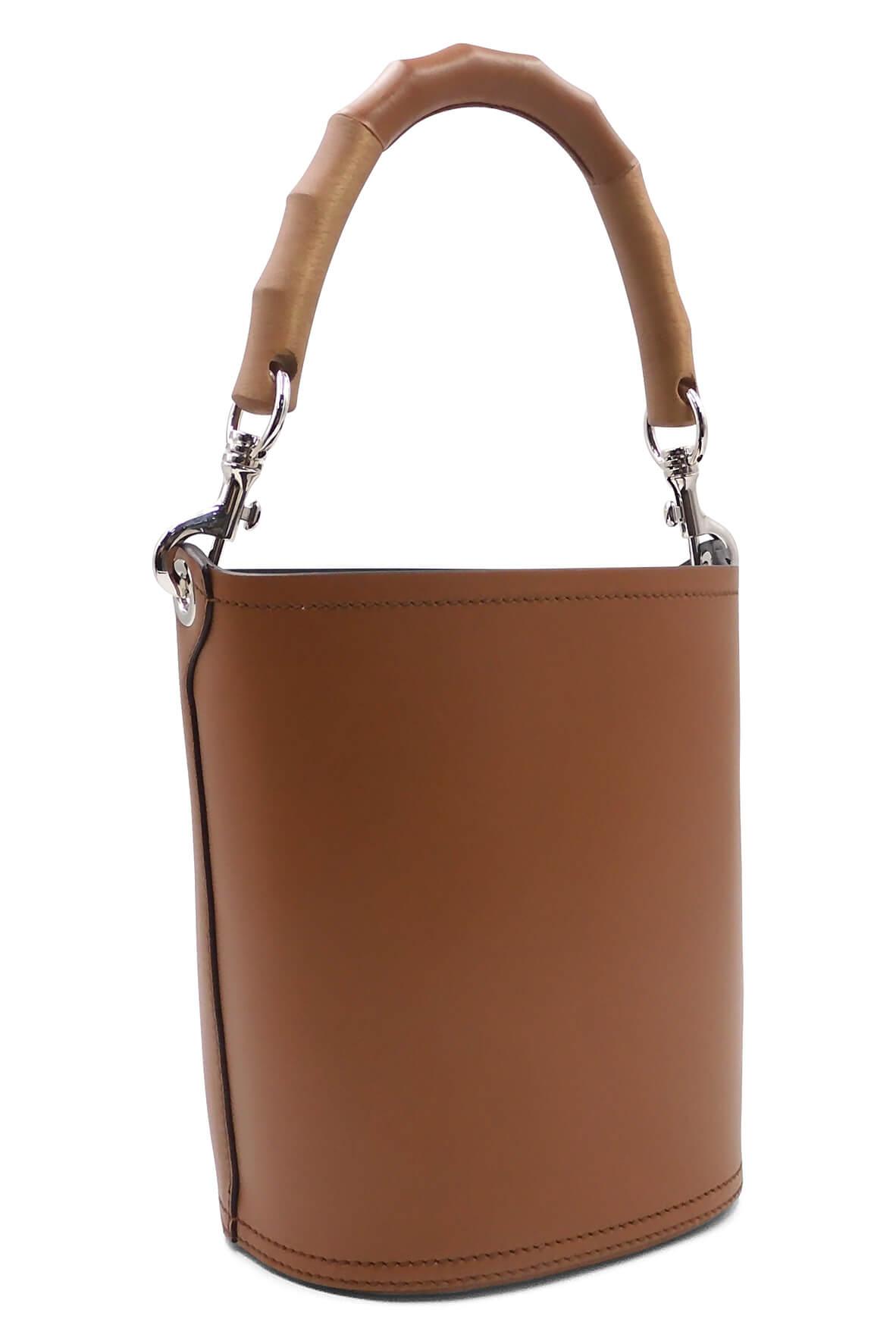 Leather Bucket Bag with Wooden Handle Cognac