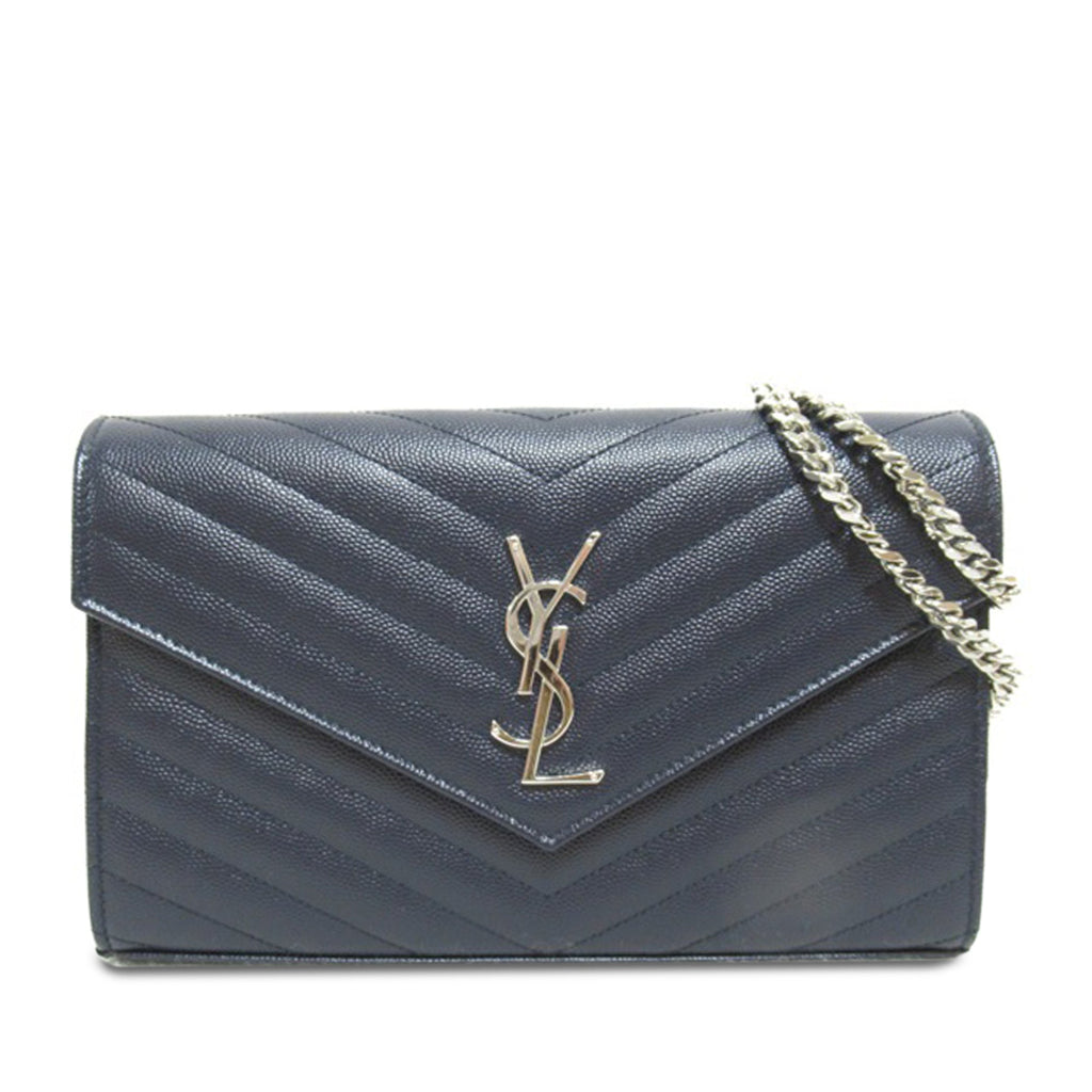 Yves Saint Laurent Envelope Wallet on Chain Blue Leather