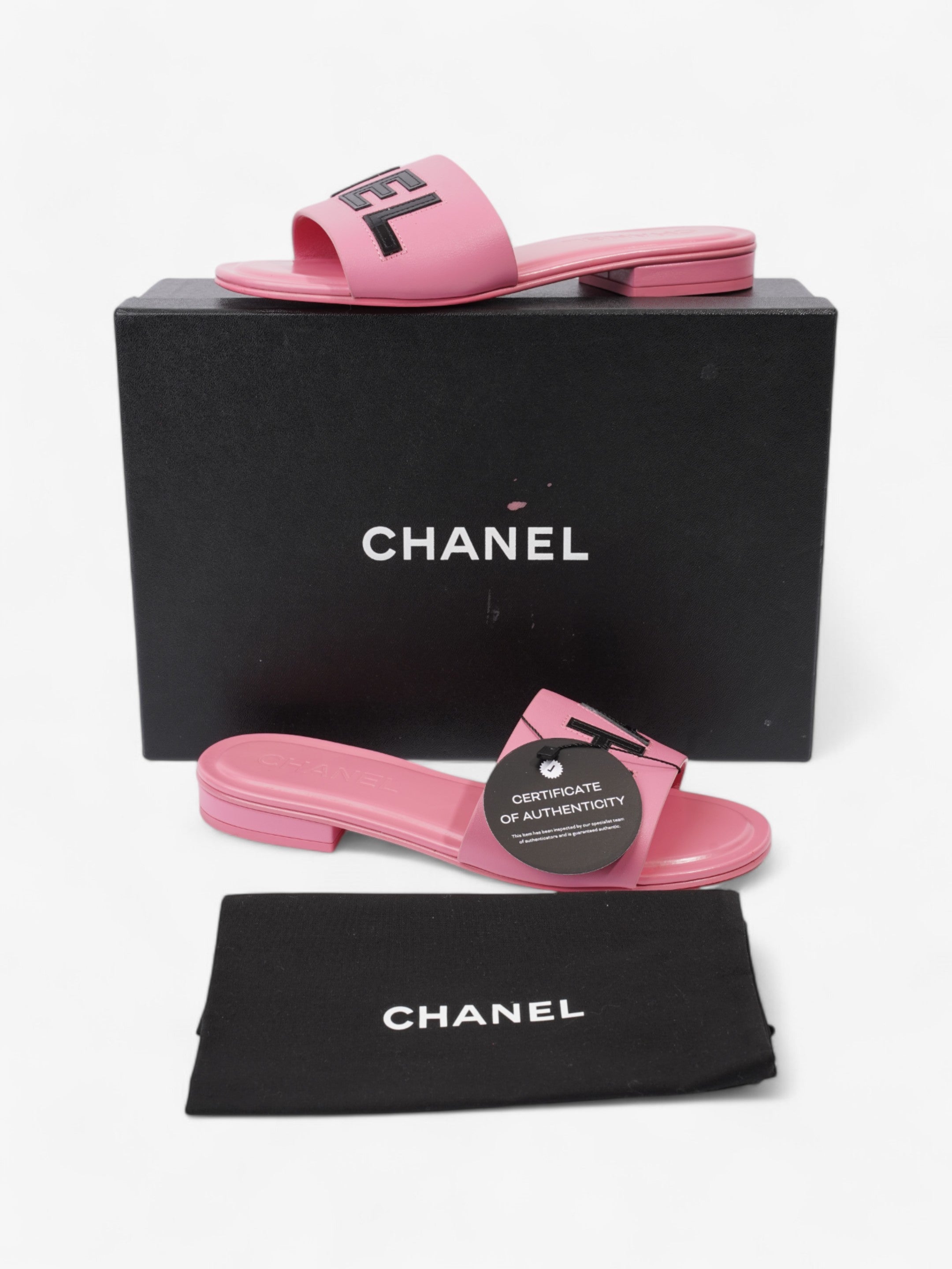 Chanel Logo Slides Pink / Black Leather EU 37 UK 4