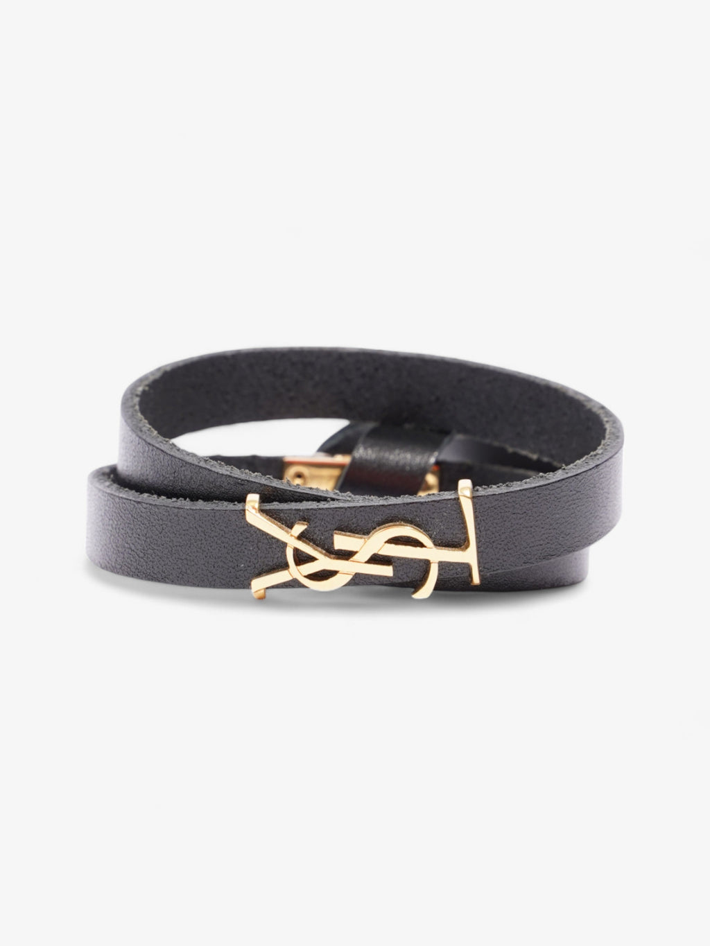 Saint Laurent Cassandre Double Wrap Bracelet Black / Gold Calfskin Leather