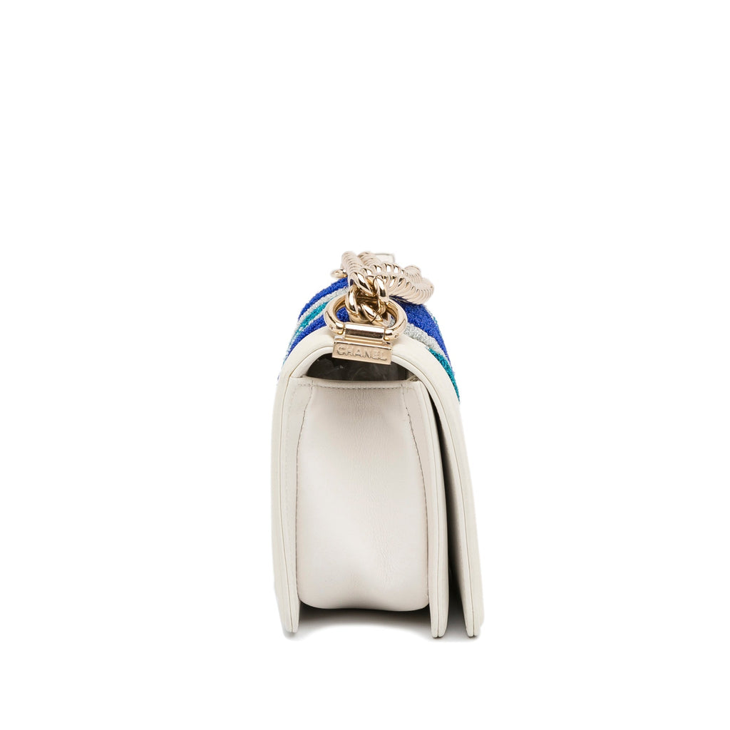 Chanel Boy Small White Embroidered Lurex Chevron Lambskin Gold