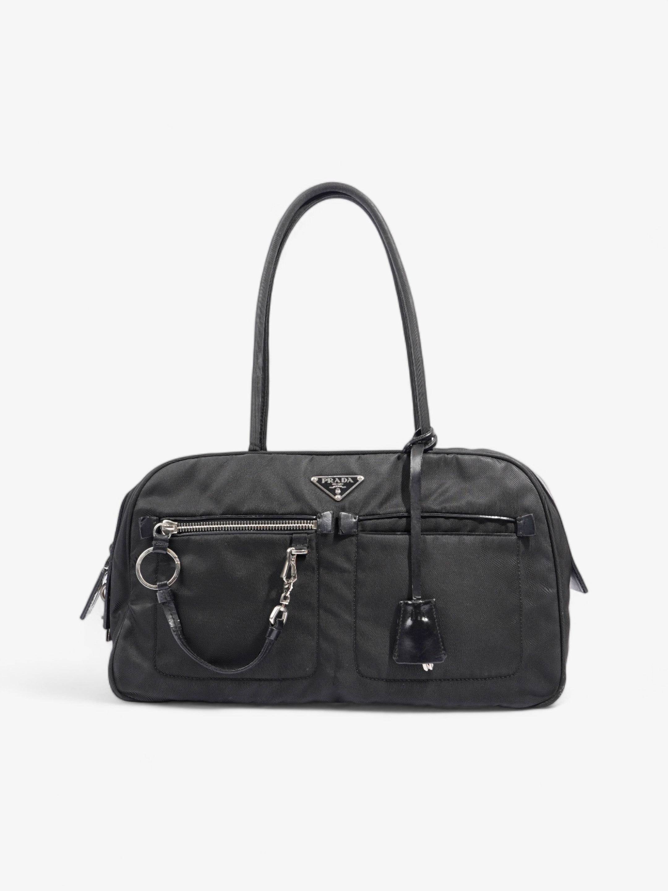 Prada Triangle Logo Boston Front Pocket Black Nylon