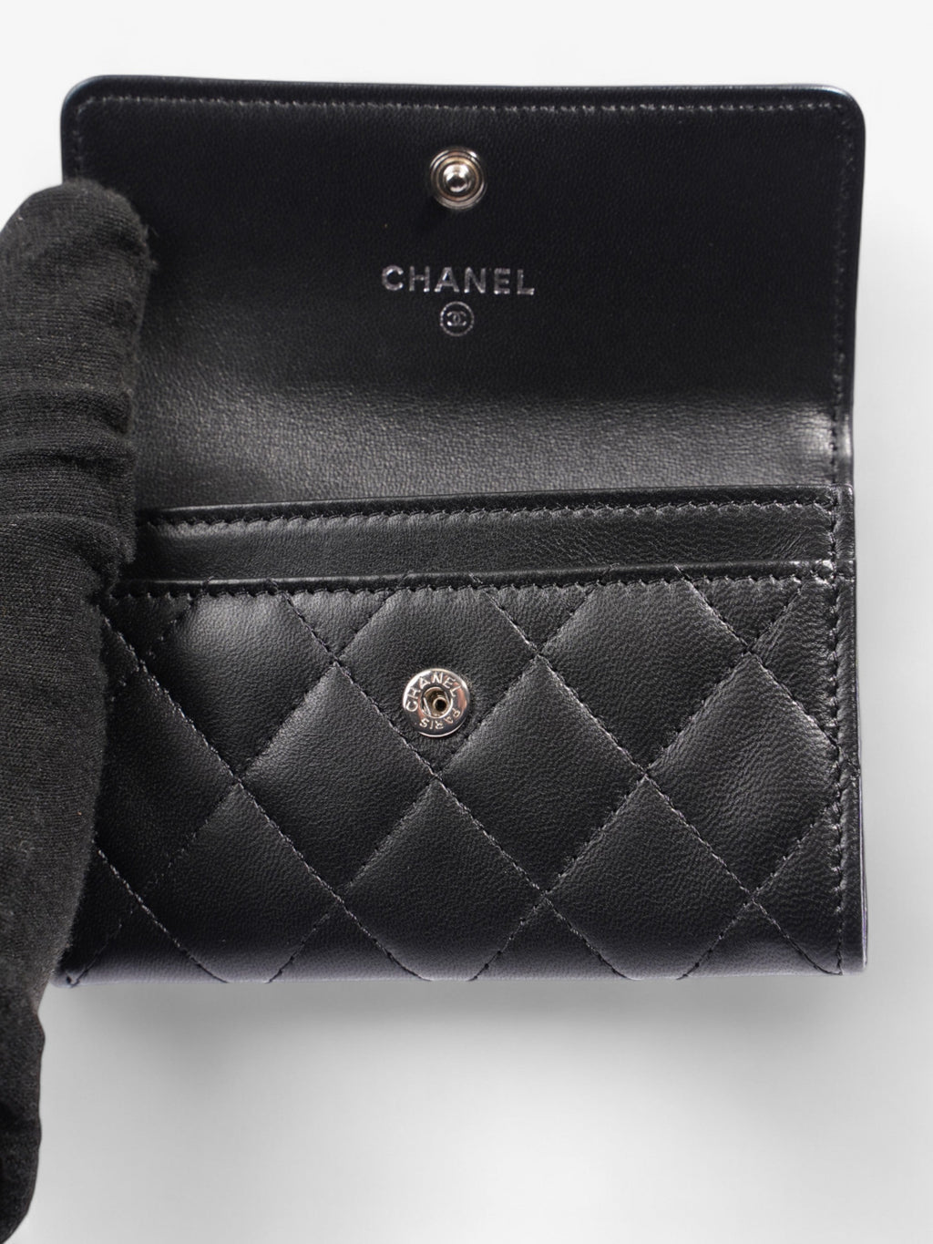 Chanel Interlocking CC Flap Card Holder Black / Silver Lambskin Leather Small