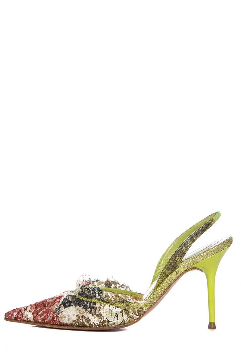 Rene Caovilla Green & Multi Color Lace Slingback Heels SZ 38