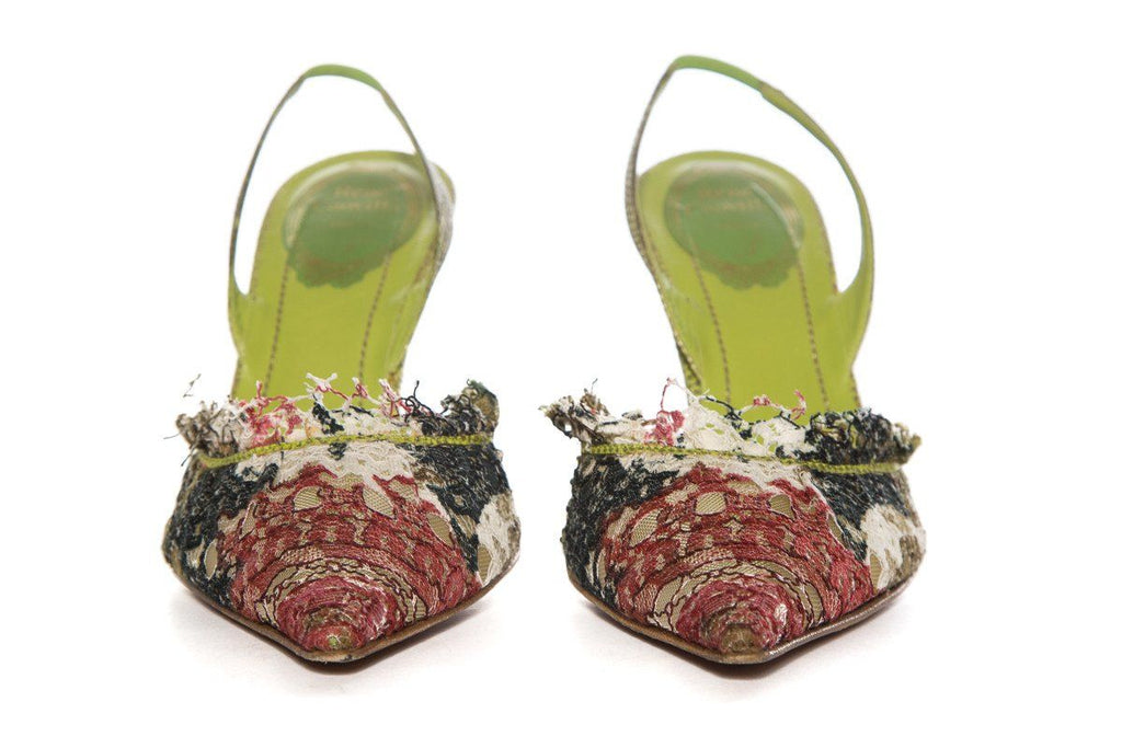Rene Caovilla Green & Multi Color Lace Slingback Heels SZ 38