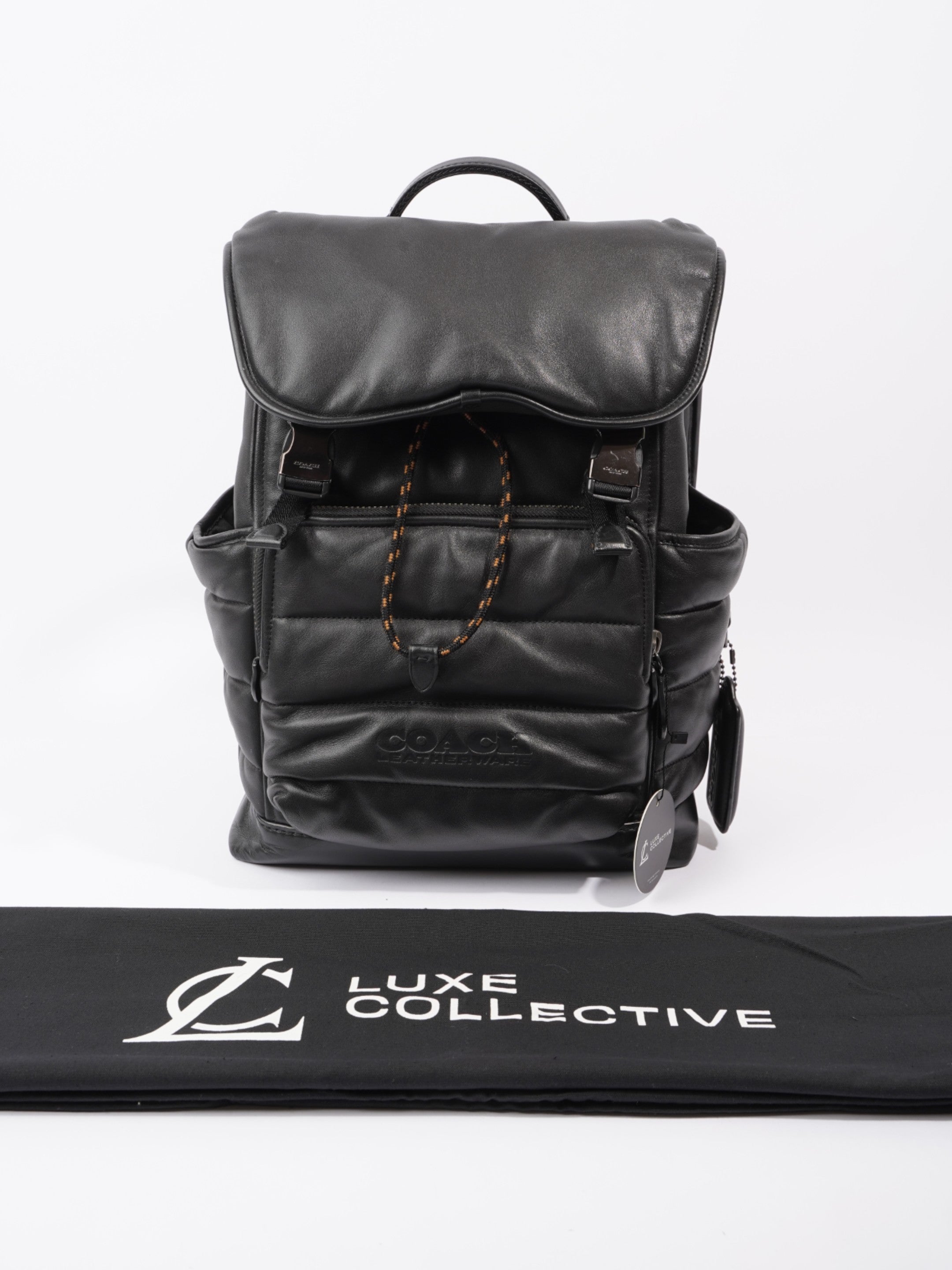 Coach League Flap Quilted Backpack Black Calfskin Leather