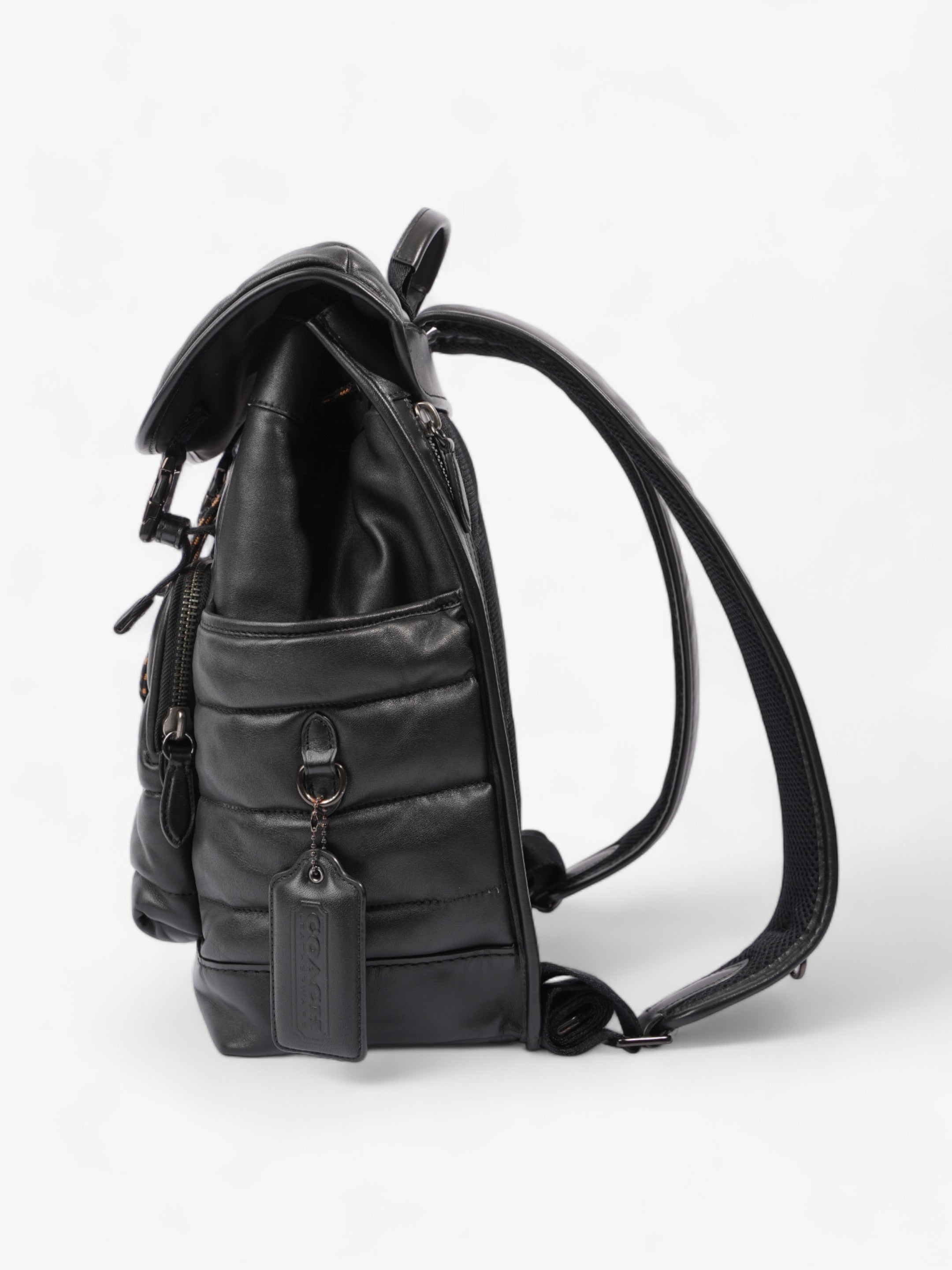 Coach League Flap Quilted Backpack Black Calfskin Leather
