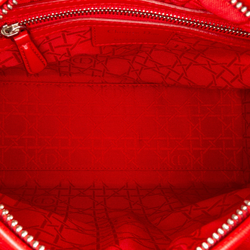Dior Lady Dior Medium Red Cannage Quilted Leather Silver