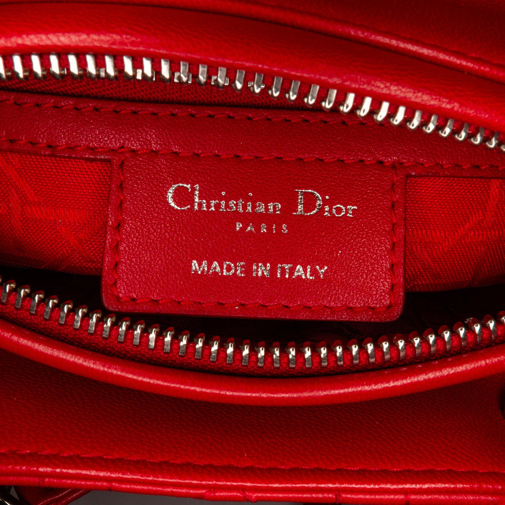 Dior Lady Dior Medium Red Cannage Quilted Leather Silver