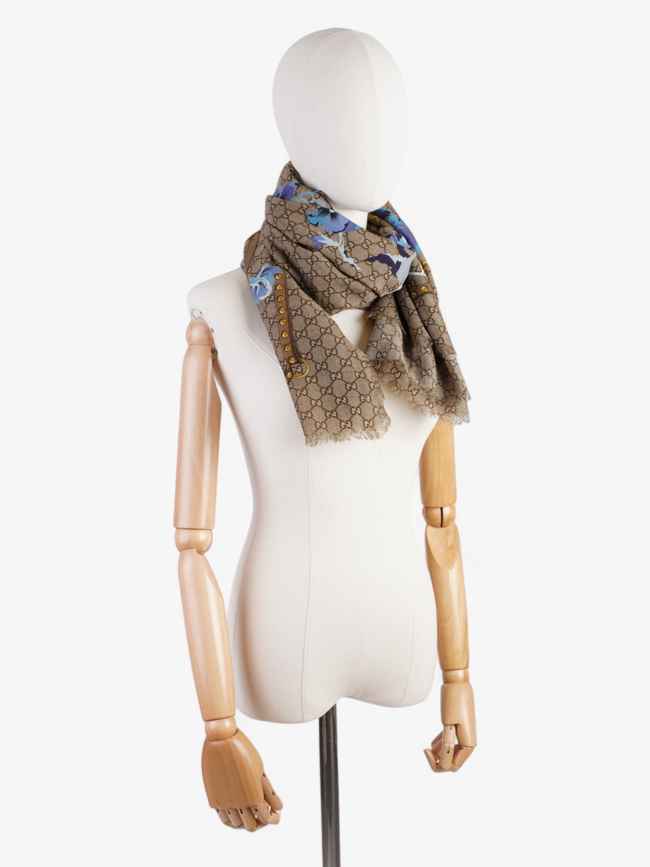 Gucci GG Floral Print Scarf GG Supreme / Blue / Gold Wool