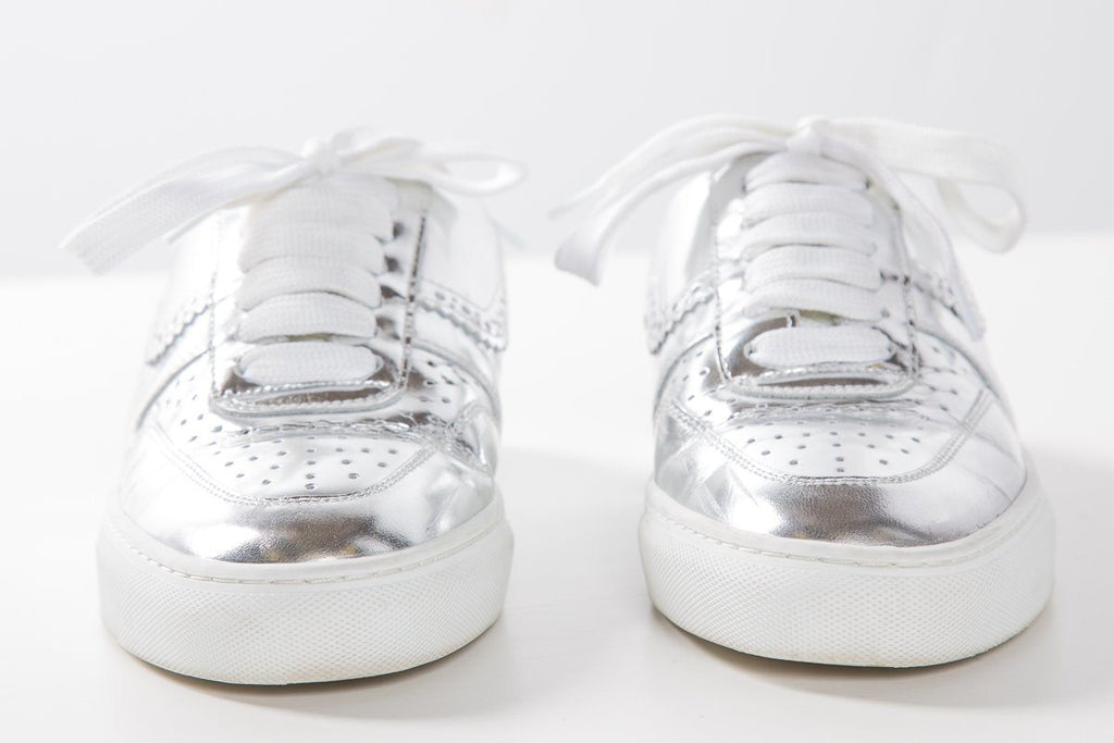 SWEAR Silver Metallic Leather Round-Toe Sneakers SZ 37
