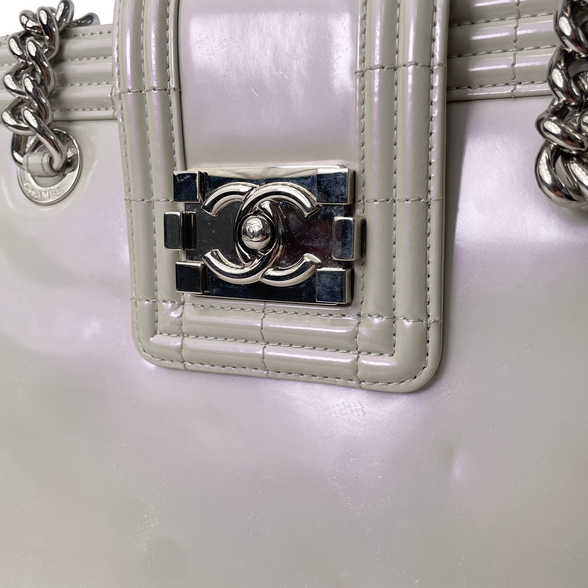 Gray Chanel Iridescent Patent Boy Reverso Shopping Tote