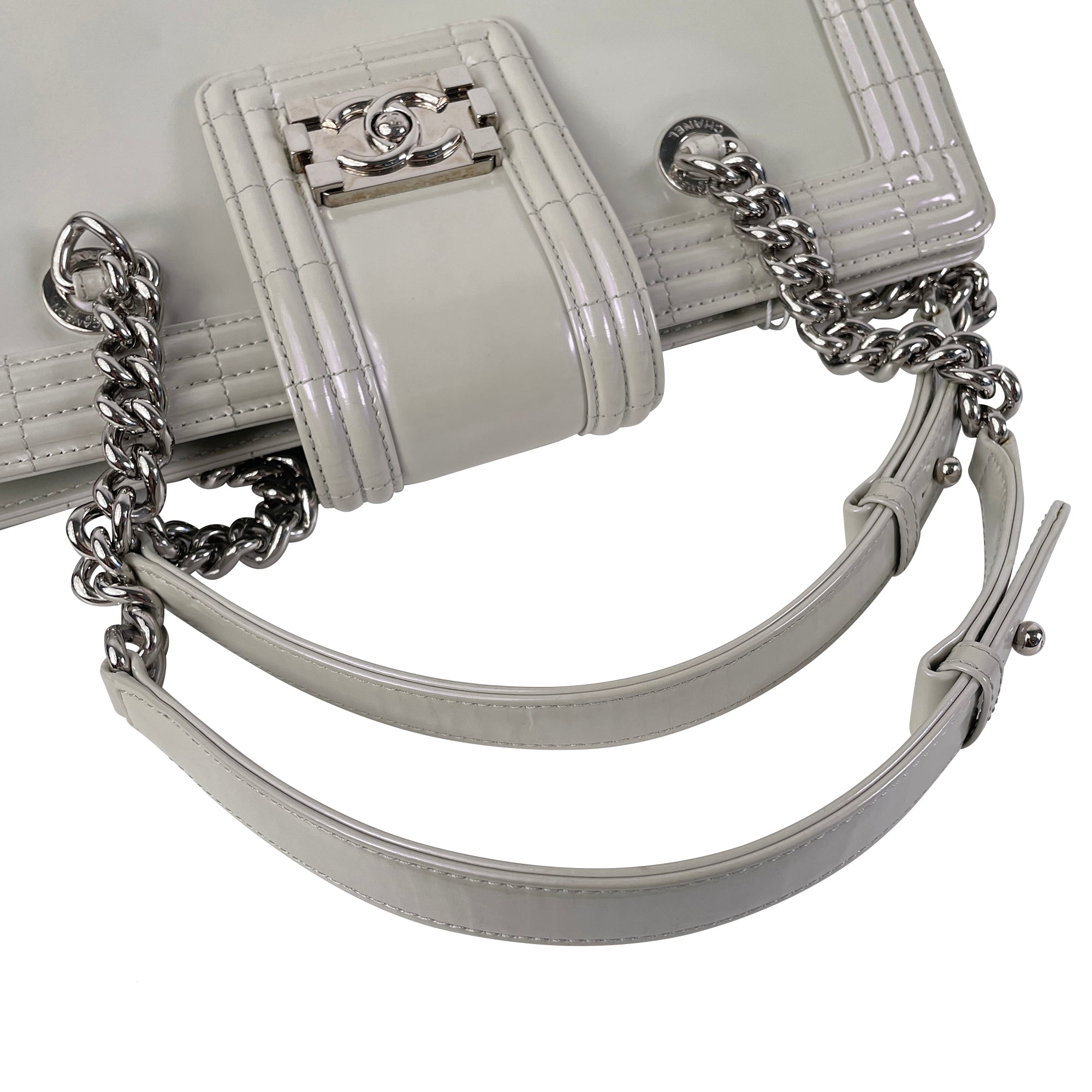 Gray Chanel Iridescent Patent Boy Reverso Shopping Tote
