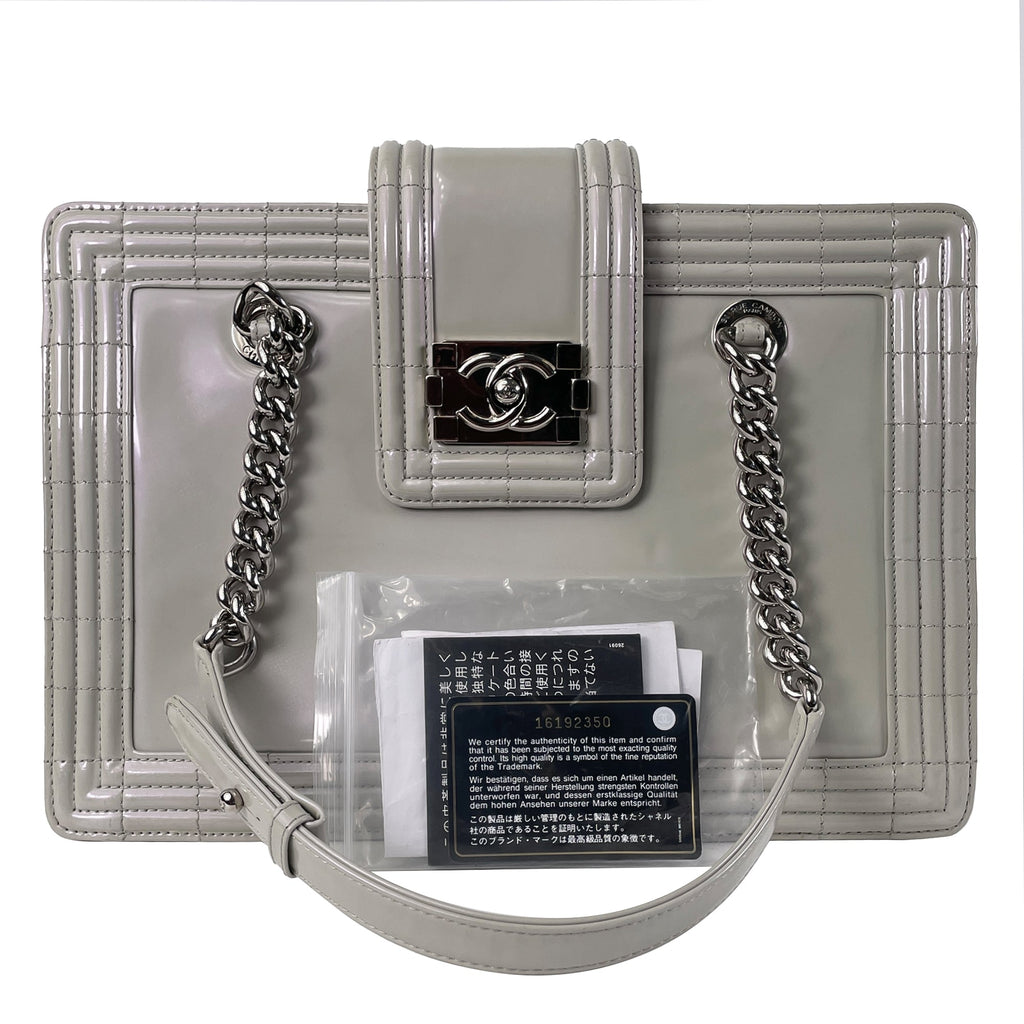 Gray Chanel Iridescent Patent Boy Reverso Shopping Tote