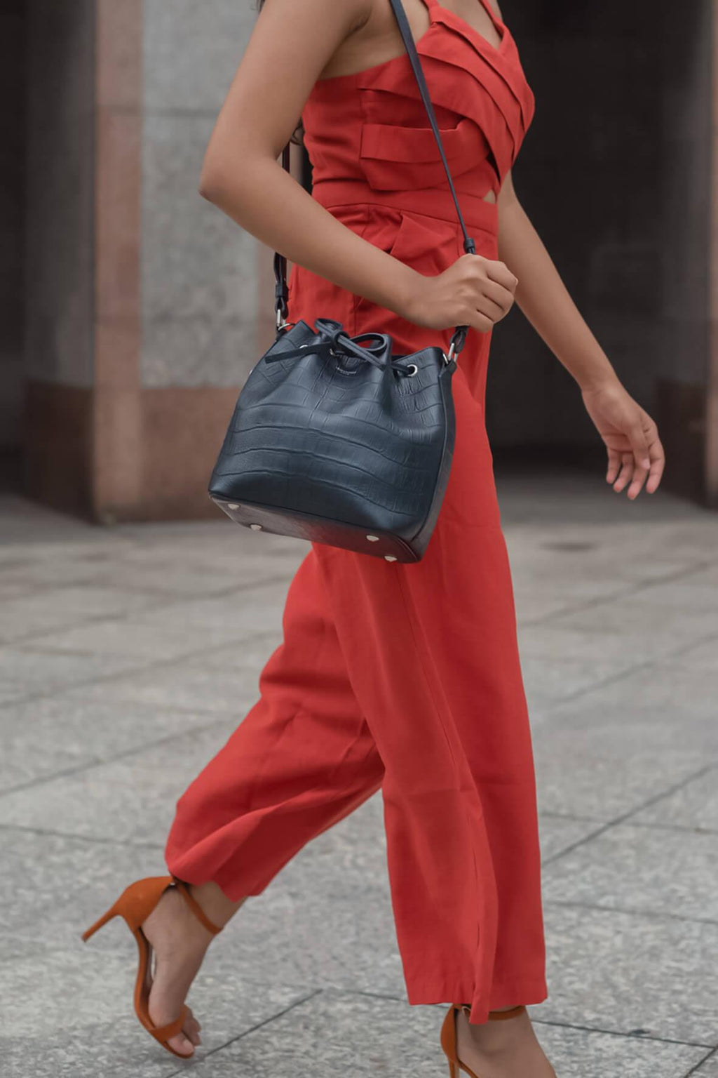 Embossed Emmanuelle Bucket Bag Black