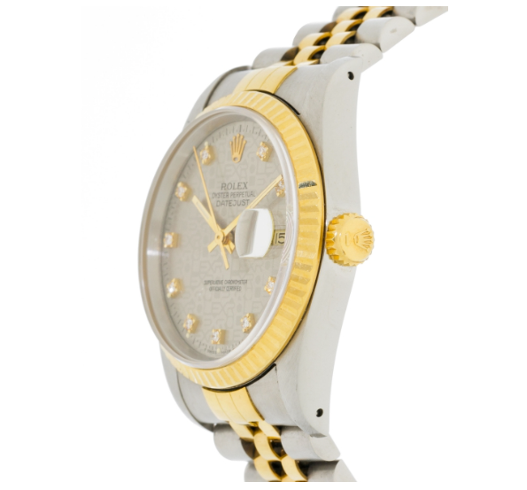 ROLEX Datejust, steel and gold wristwatch with indexes set with diamonds, circa 1989