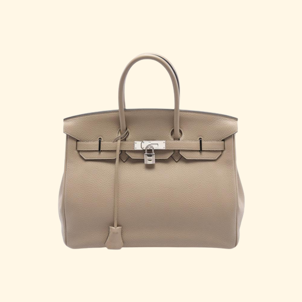 HermÃƒÆ’Ã‚Â¨s Birkin 35 Tourtiere Gray Handbag Clemence Leather Gray Beige Silver Hardware