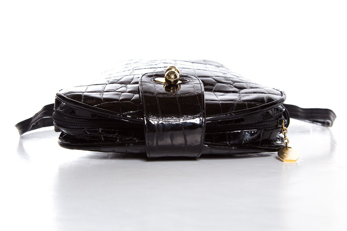 Stuart Weitzman Black Croco Embossed Patent Shoulder Bag