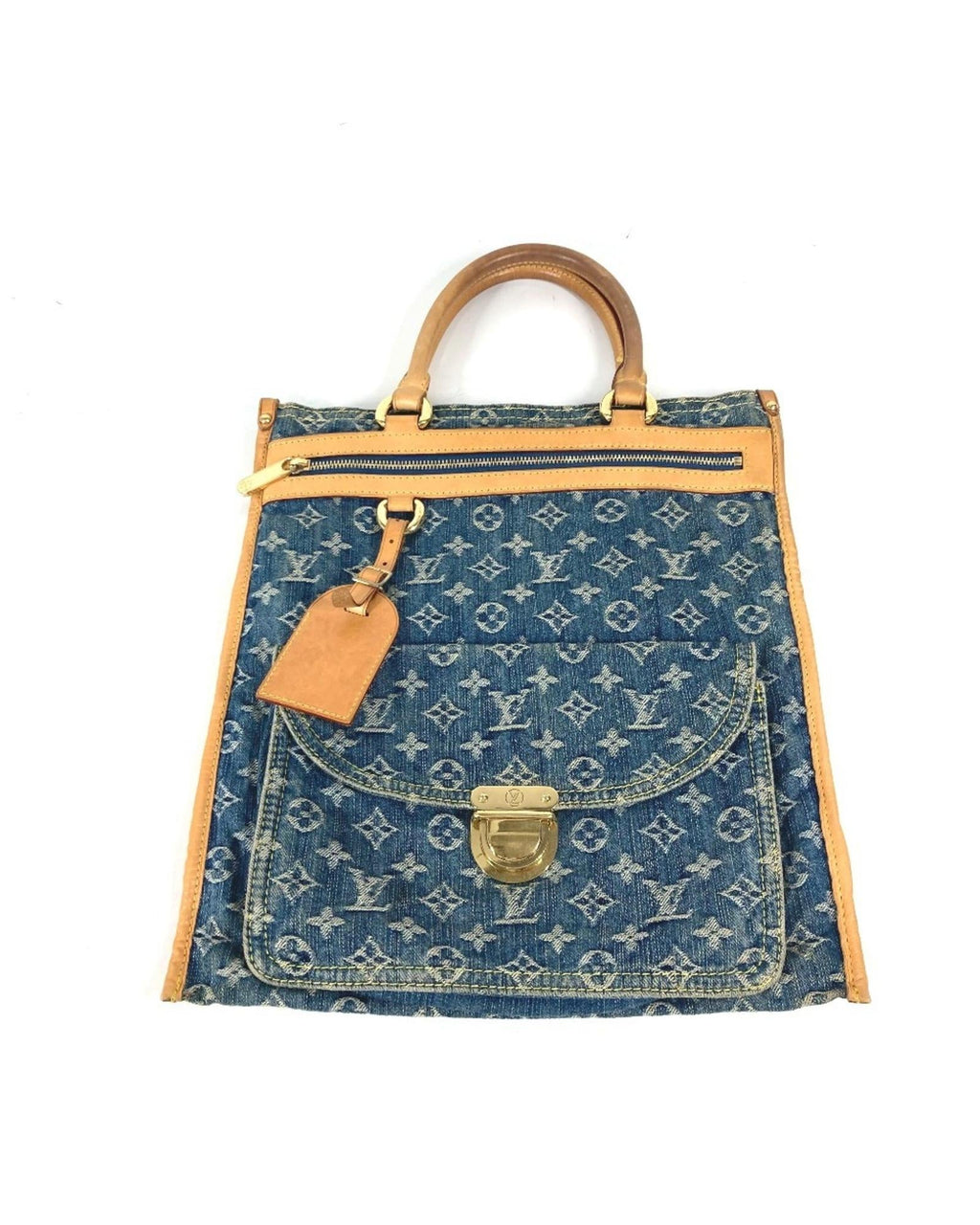 Denim Sac Plat Tote with Name Tag and Slight Wear